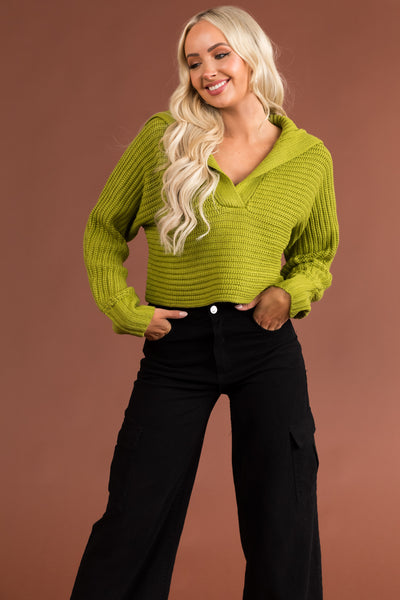 Dark Lime Collared V Neck Cropped Knit Sweater