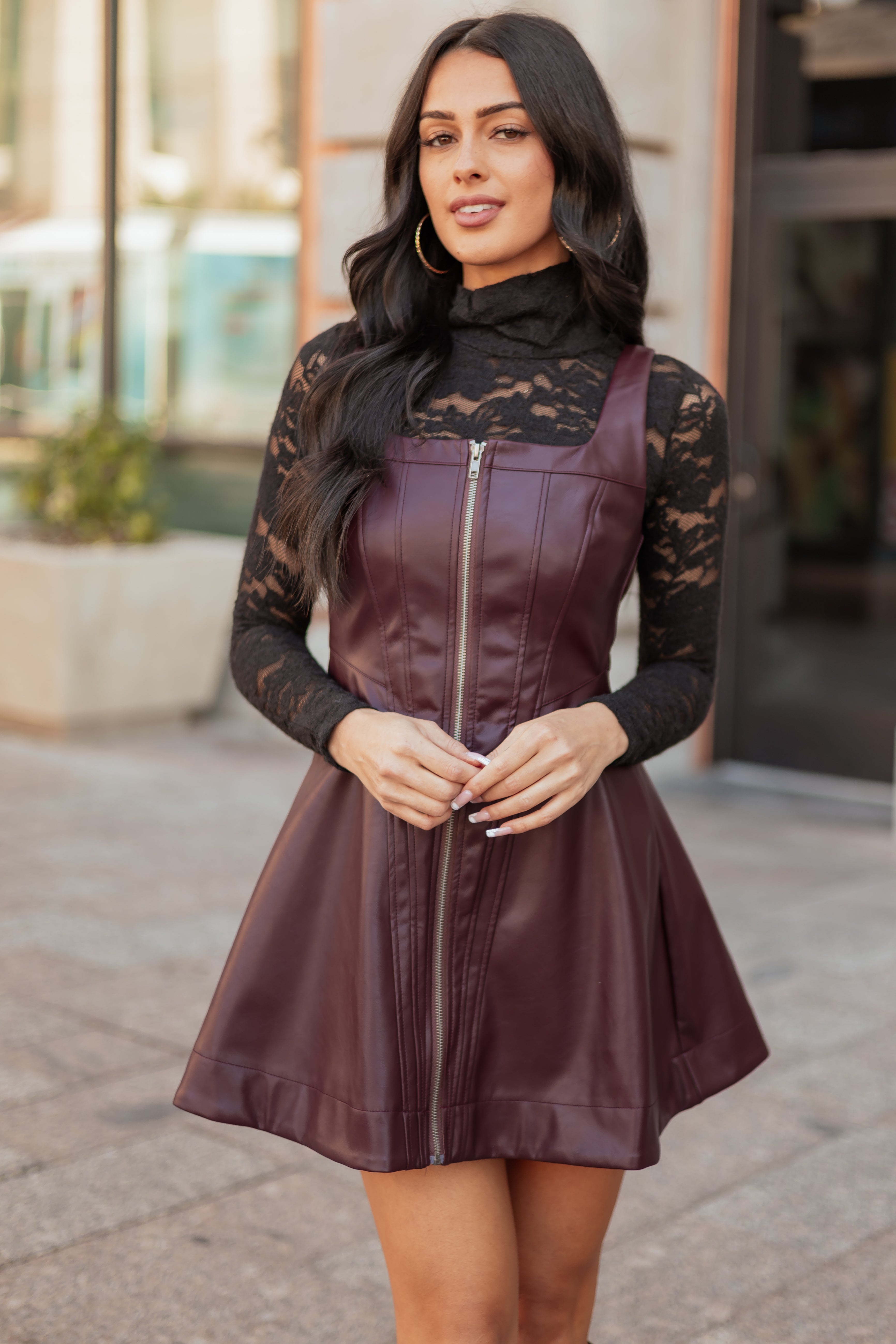 Mini Dress Red Leather Zip Dress Dark Marsala Faux Leather Front Zipper Mini Dress Mini Dress Red Leather Zip Dress Dark Marsala Faux Leather Front Zipper Mini Dress