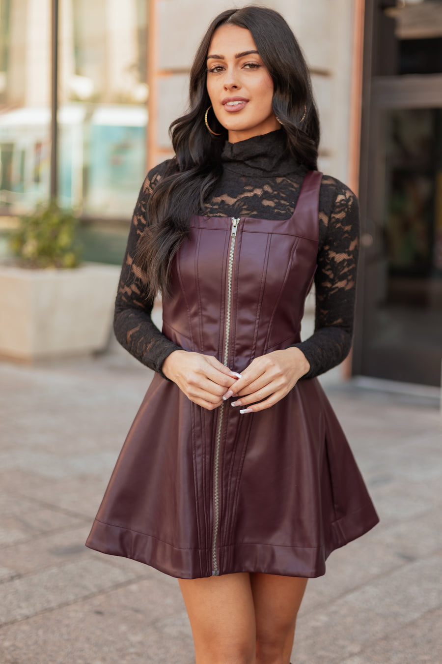 Dark Marsala Faux Leather Front Zipper Mini Dress