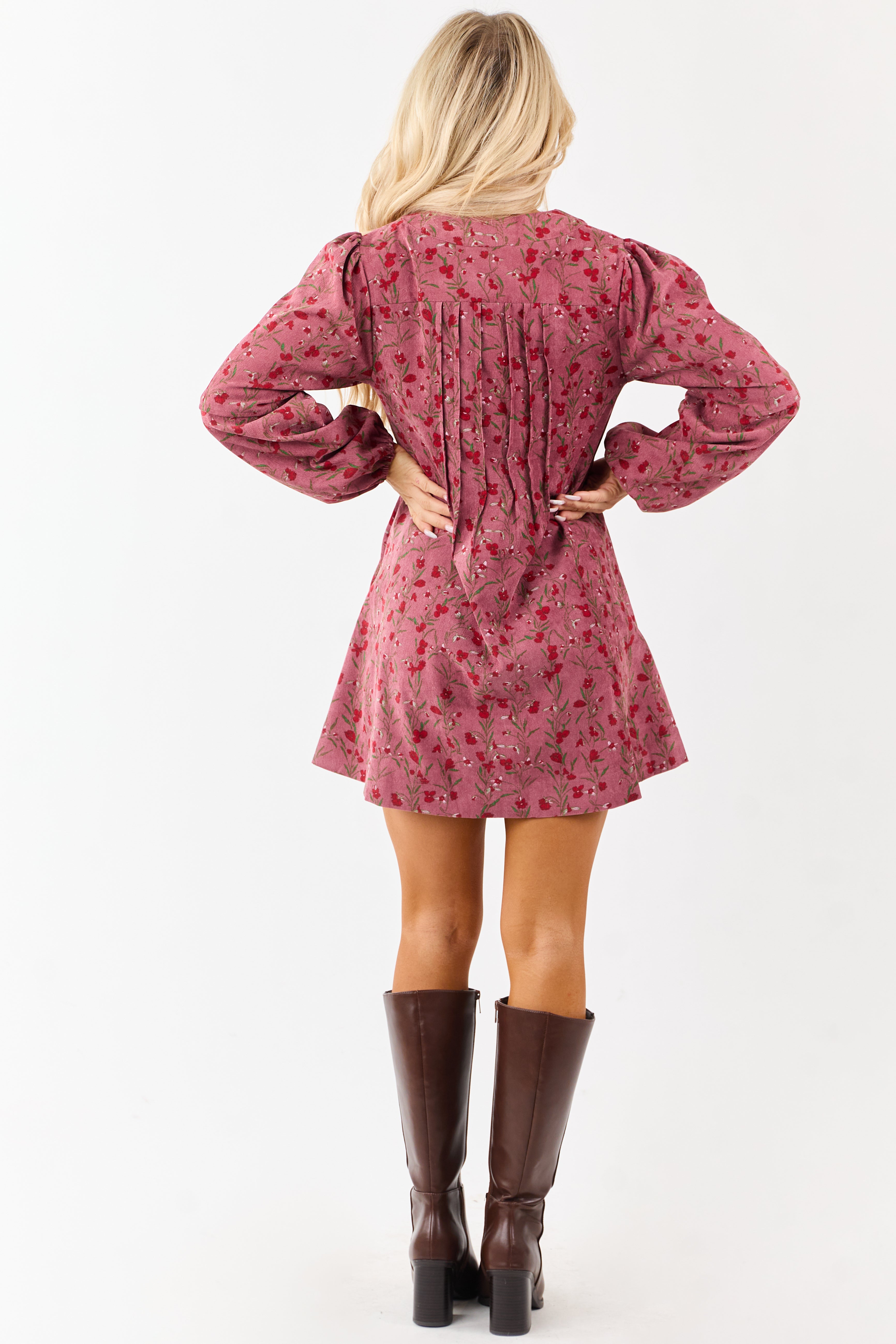 Dark Mauve Floral Corduroy Long Sleeve Mini Dress
