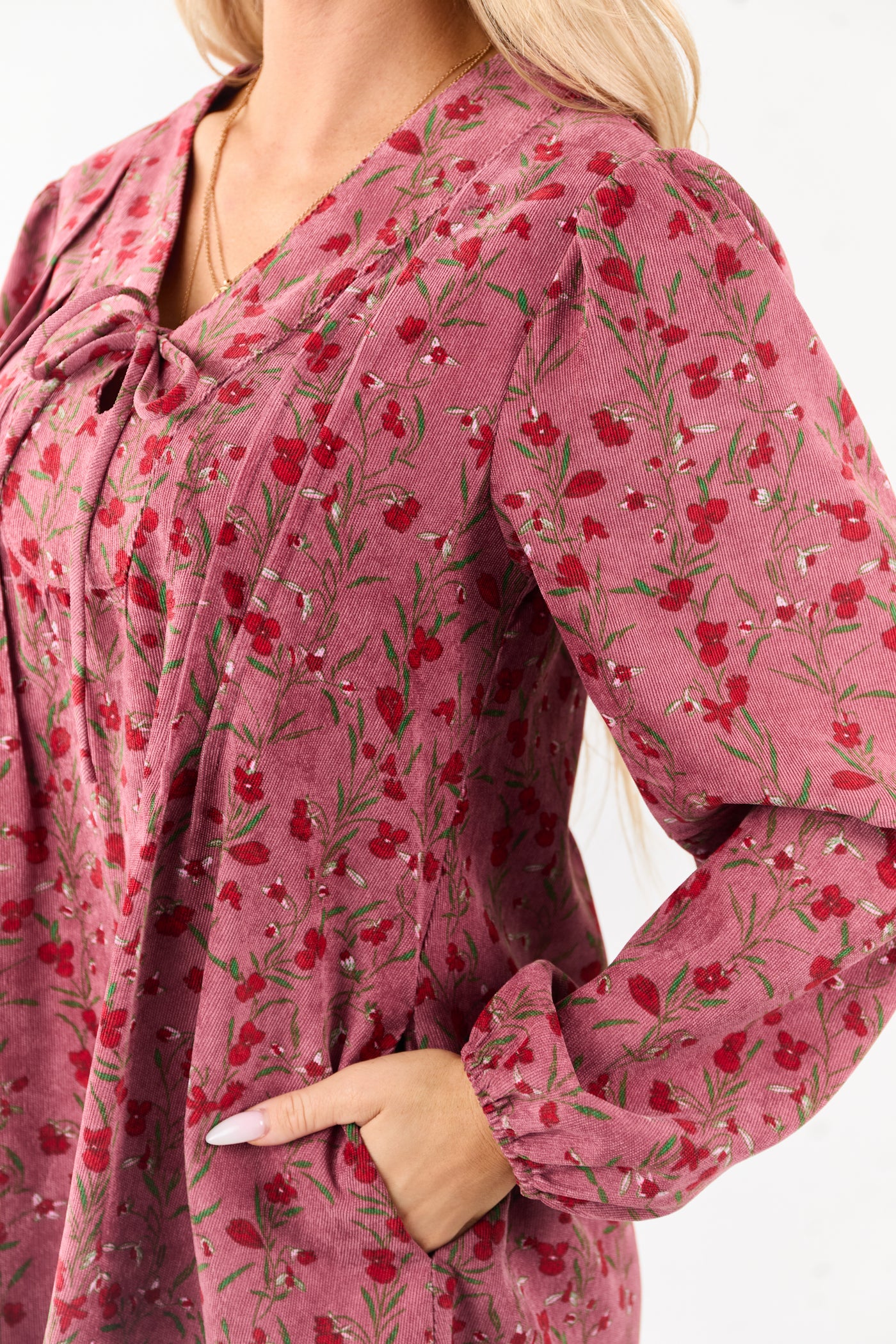 Dark Mauve Floral Corduroy Long Sleeve Mini Dress Dark Mauve Floral Corduroy Long Sleeve Mini Dress
