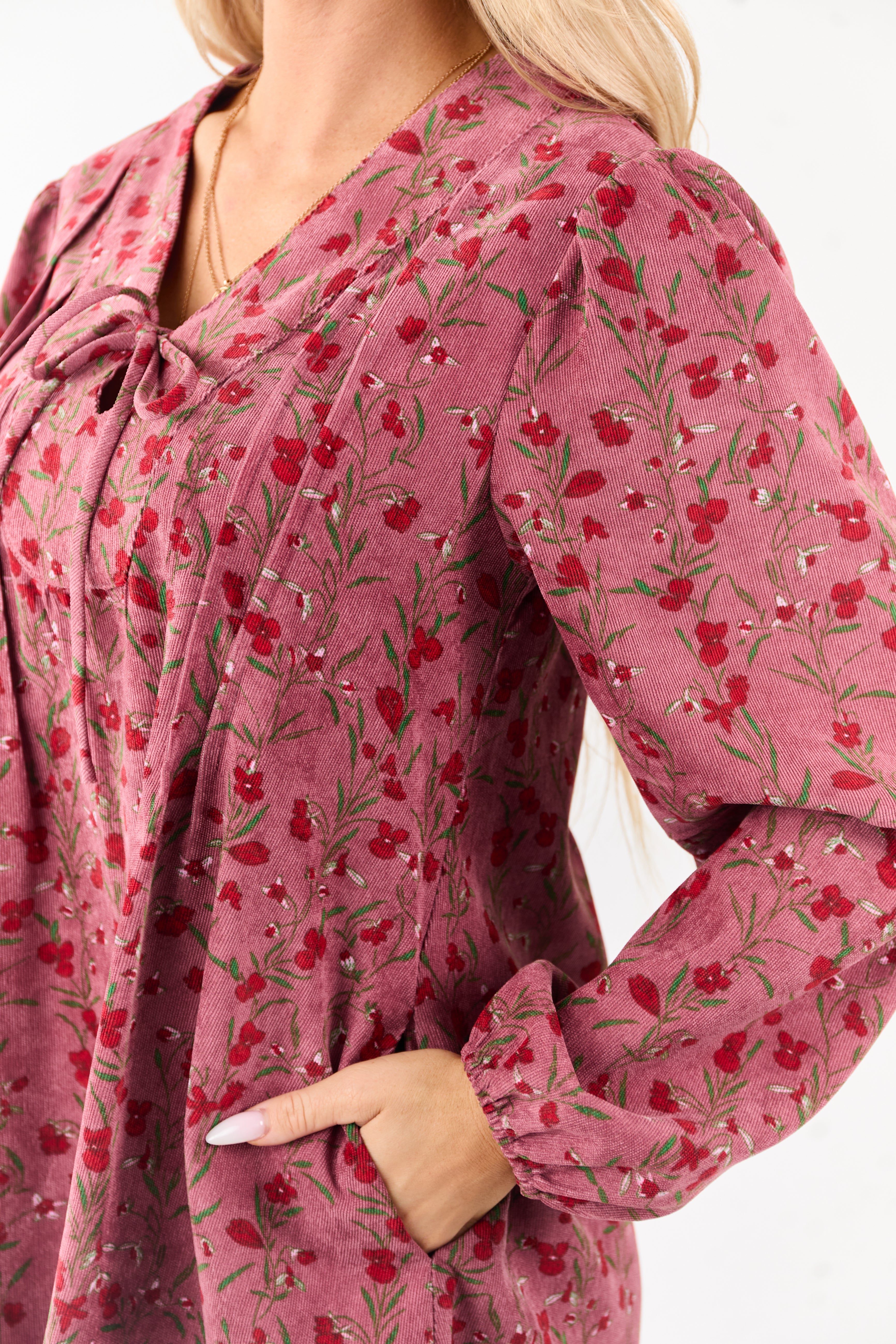 Dark Mauve Floral Corduroy Long Sleeve Mini Dress