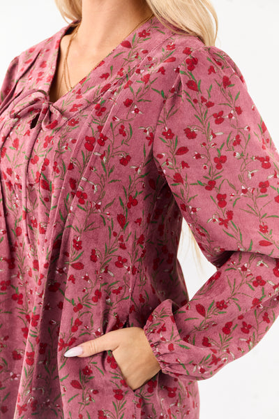 Dark Mauve Floral Corduroy Long Sleeve Mini Dress