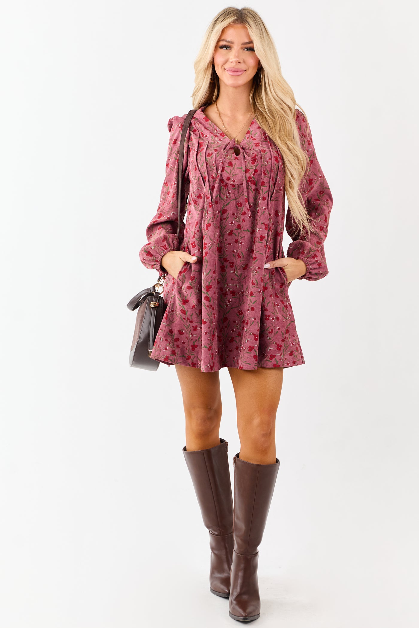 Dark Mauve Floral Corduroy Long Sleeve Mini Dress Dark Mauve Floral Corduroy Long Sleeve Mini Dress