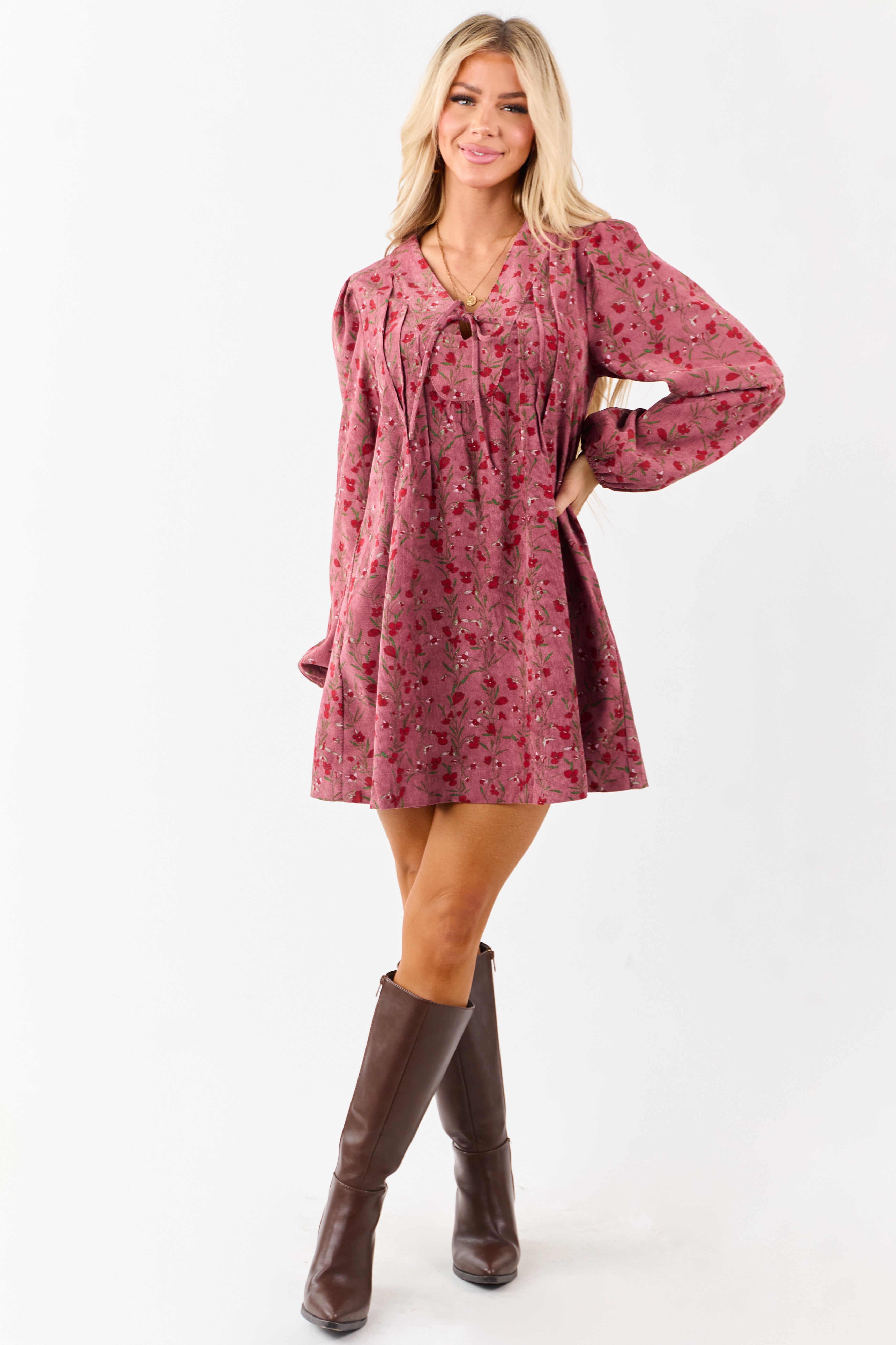 Dark Mauve Floral Corduroy Long Sleeve Mini Dress