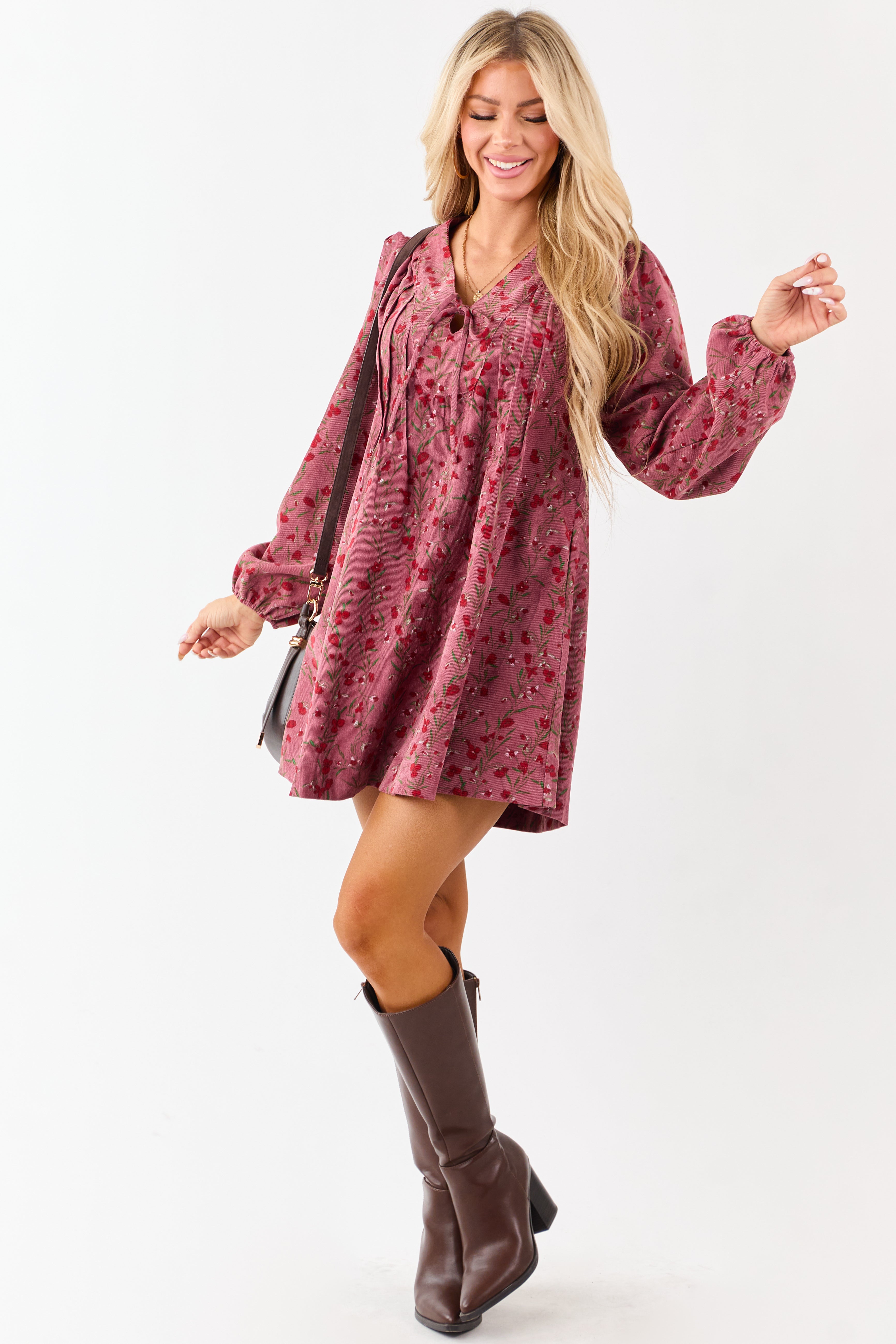 Dark Mauve Floral Corduroy Long Sleeve Mini Dress