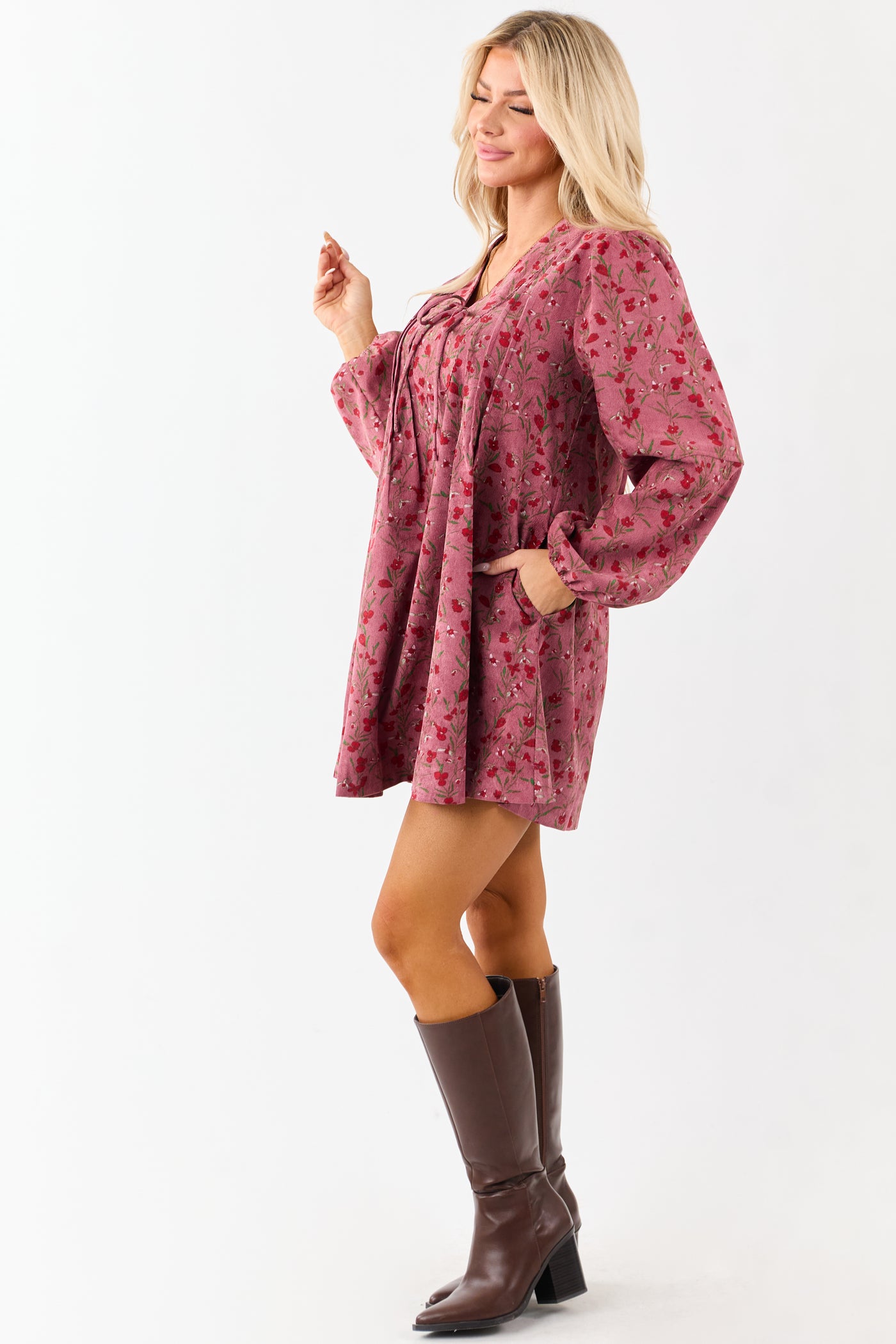 Dark Mauve Floral Corduroy Long Sleeve Mini Dress