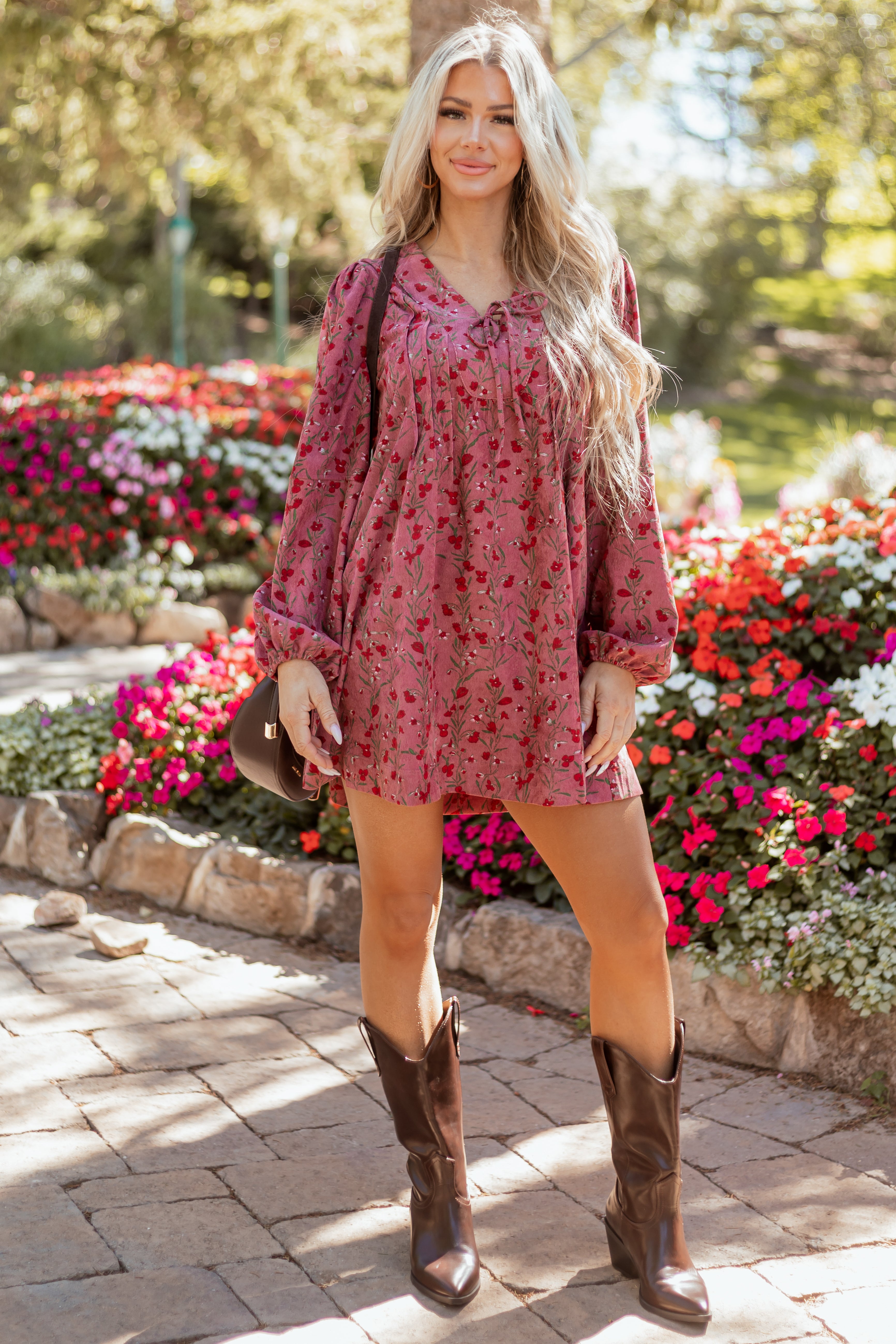 Dark Mauve Floral Corduroy Long Sleeve Mini Dress | Lime Lush Boutique