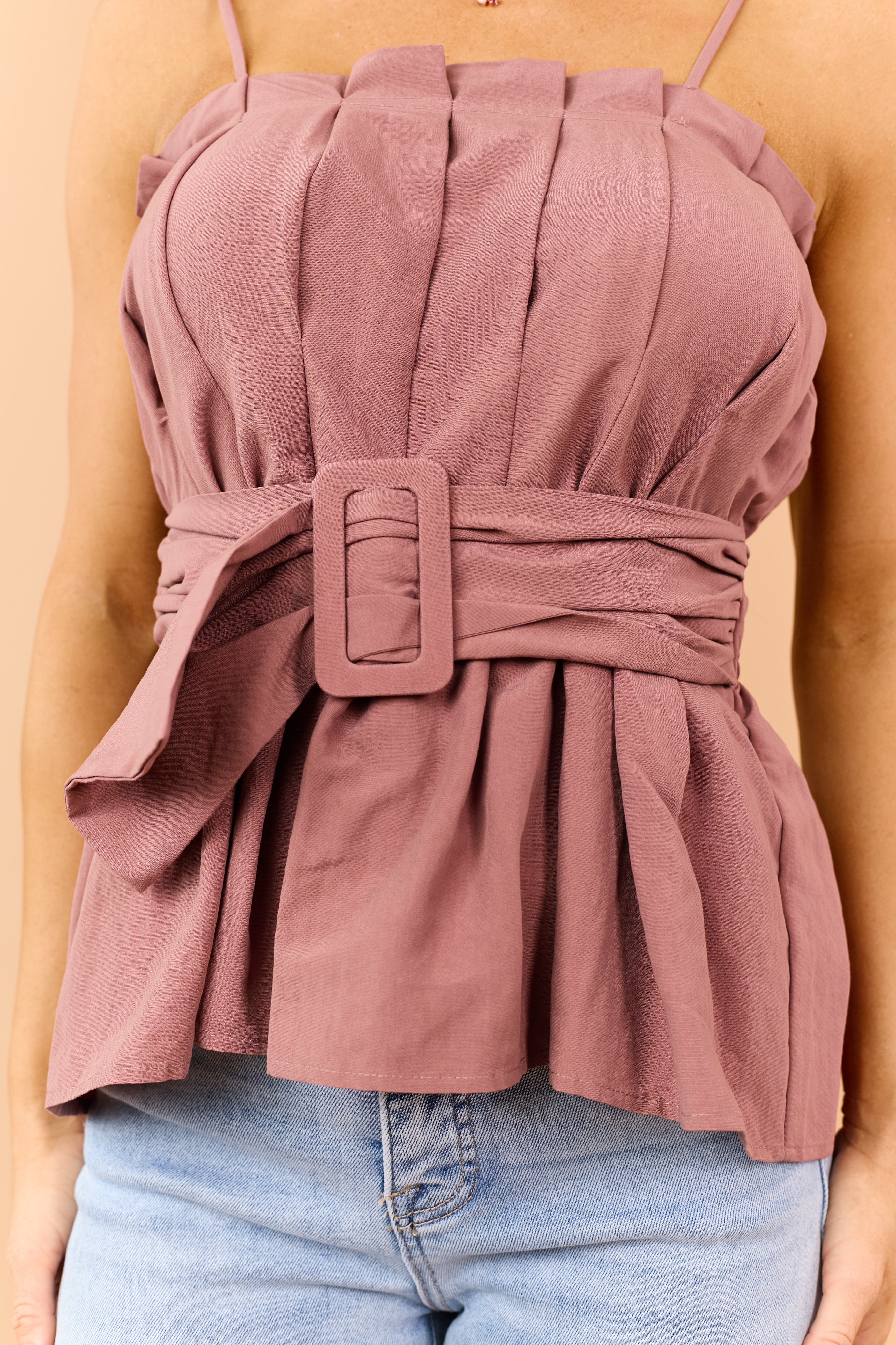 Dark Mauve Pleated Tank Top with Matching Belt