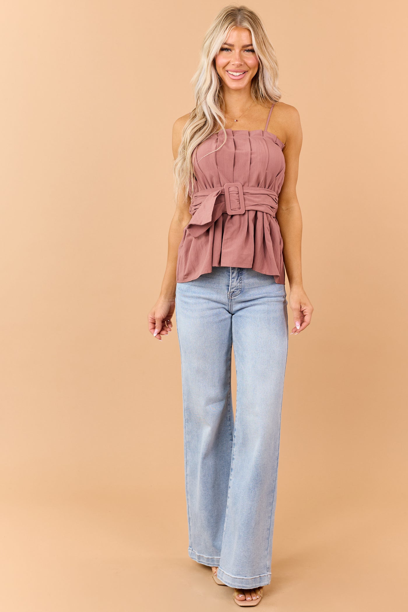 Dark Mauve Pleated Tank Top with Matching Belt