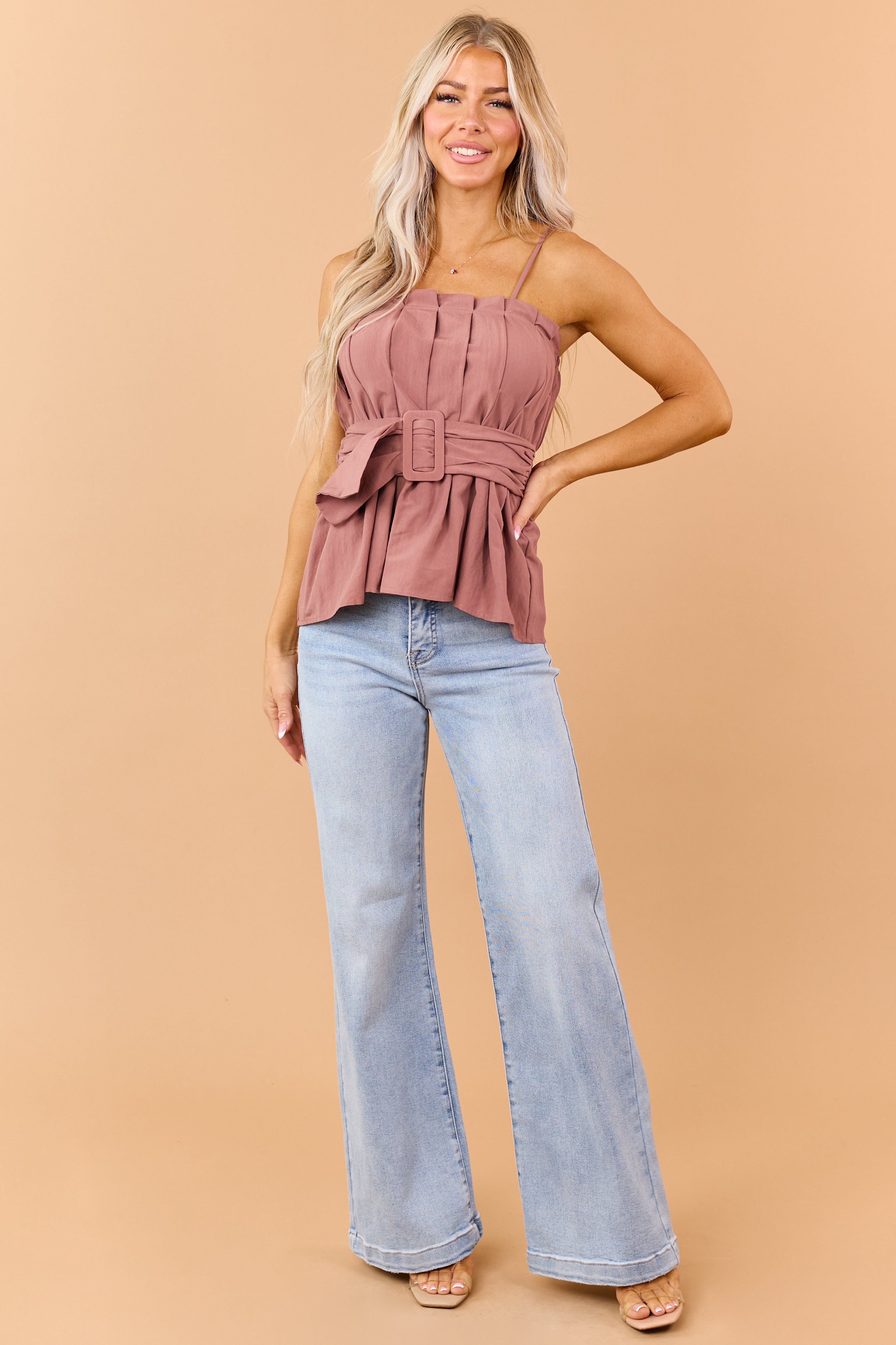 Dark Mauve Pleated Tank Top with Matching Belt