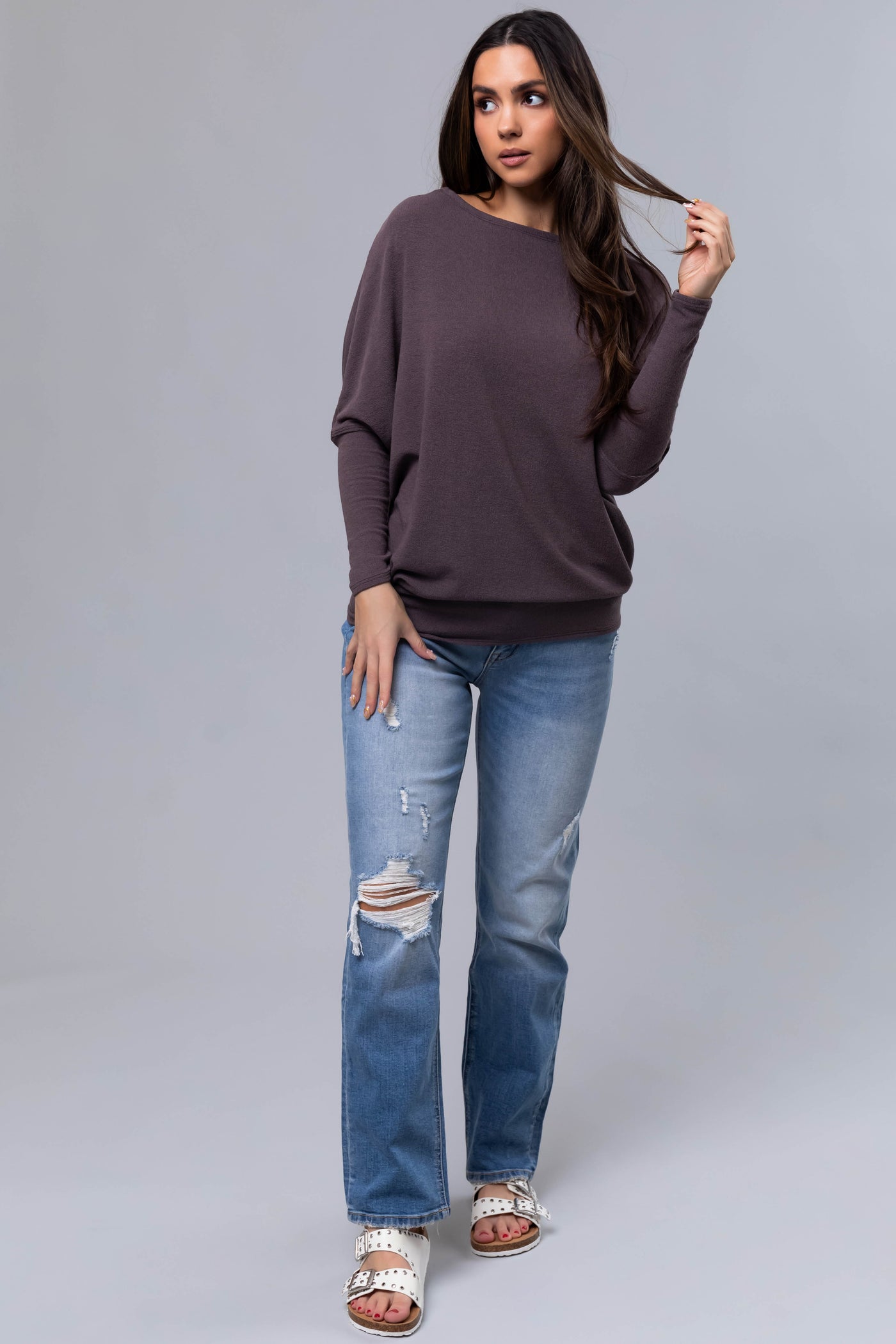 Dark Mocha Round Neck Knit Top with Long Dolman Sleeves