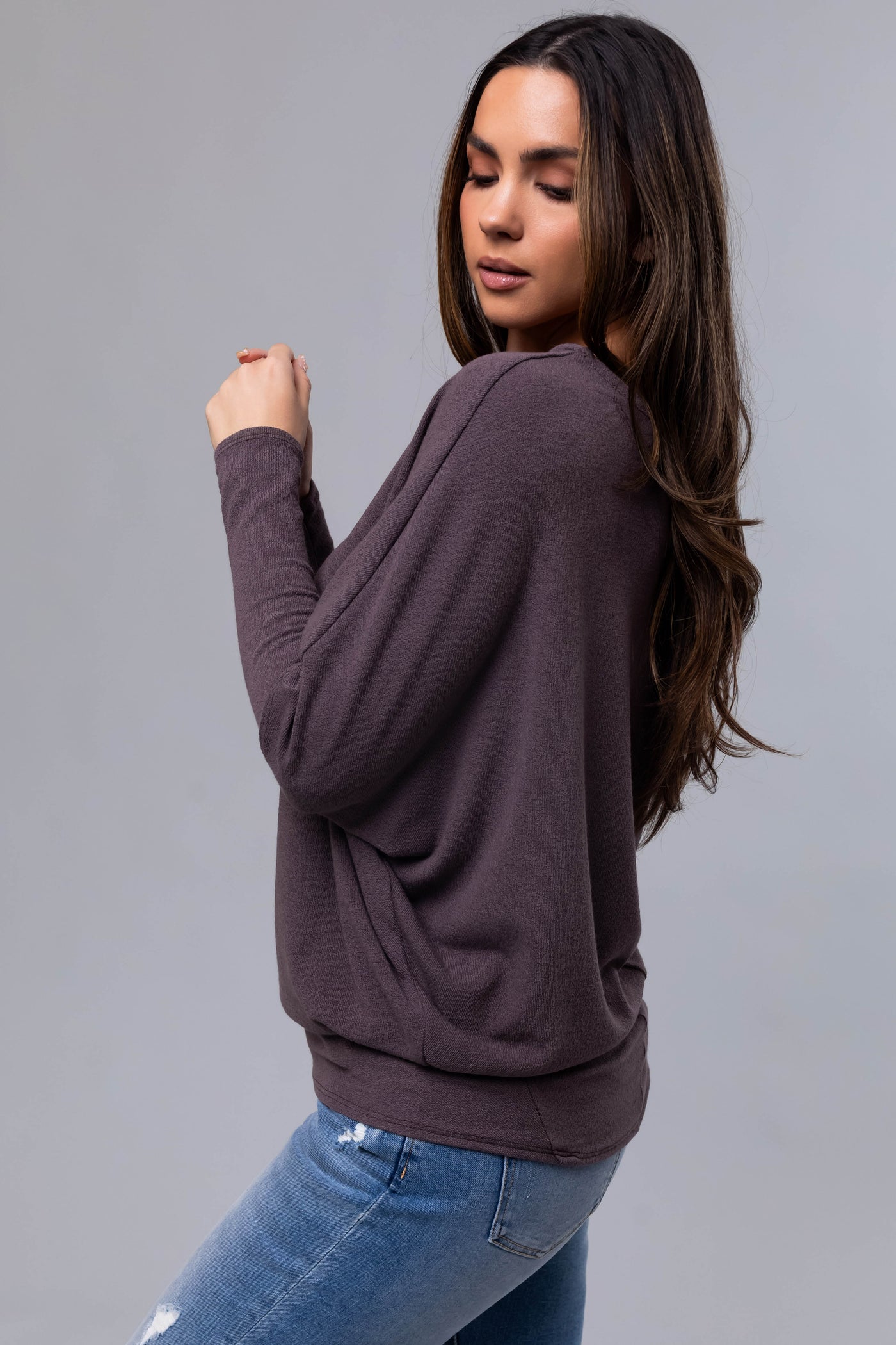 Dark Mocha Round Neck Knit Top with Long Dolman Sleeves
