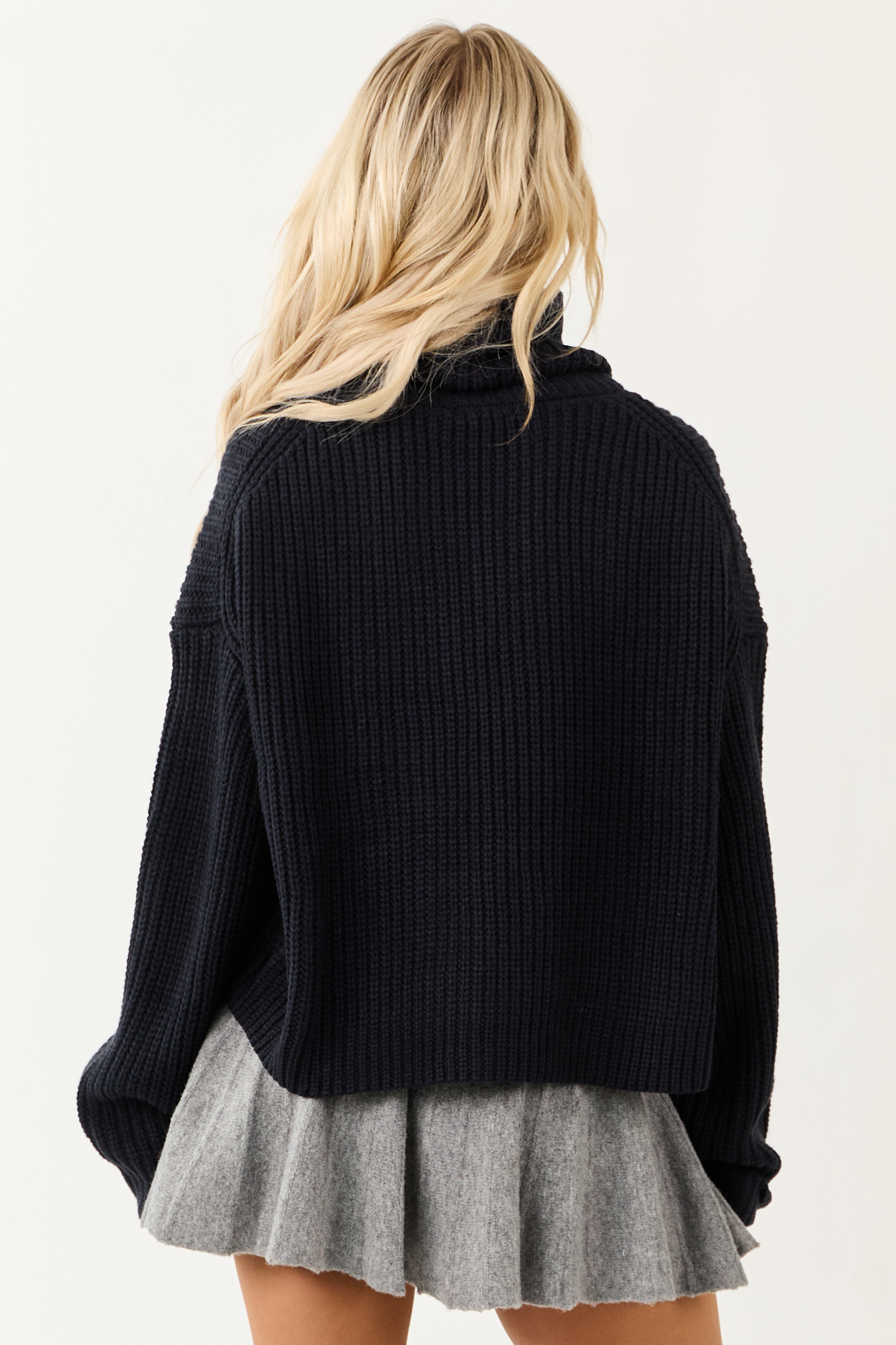 Dark Navy Cargo Pocket Cowl Neck Heavy Knit Sweater