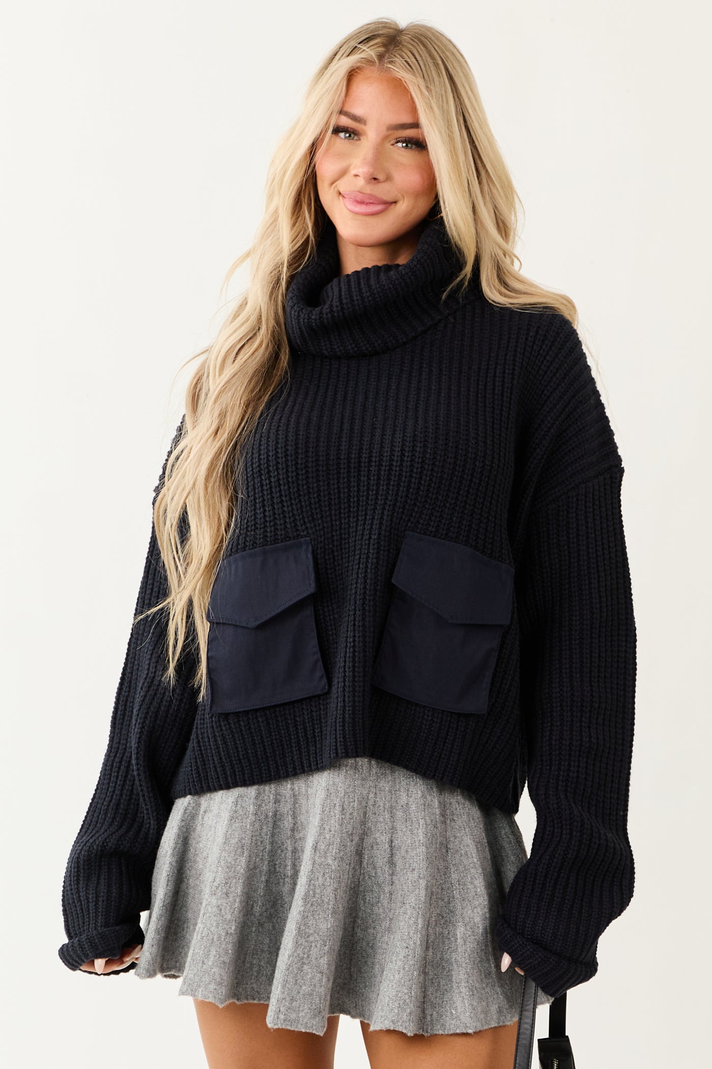 Dark Navy Cargo Pocket Cowl Neck Heavy Knit Sweater