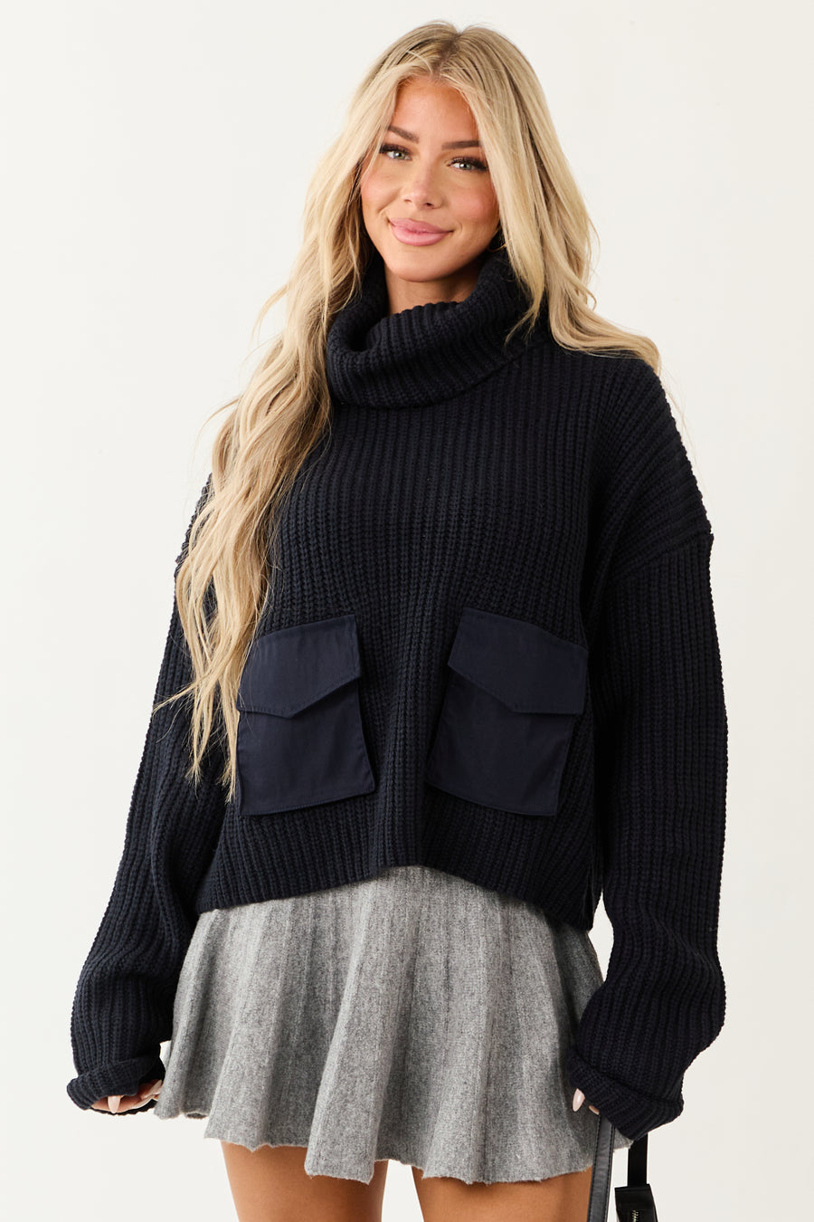 Dark Navy Cargo Pocket Cowl Neck Heavy Knit Sweater