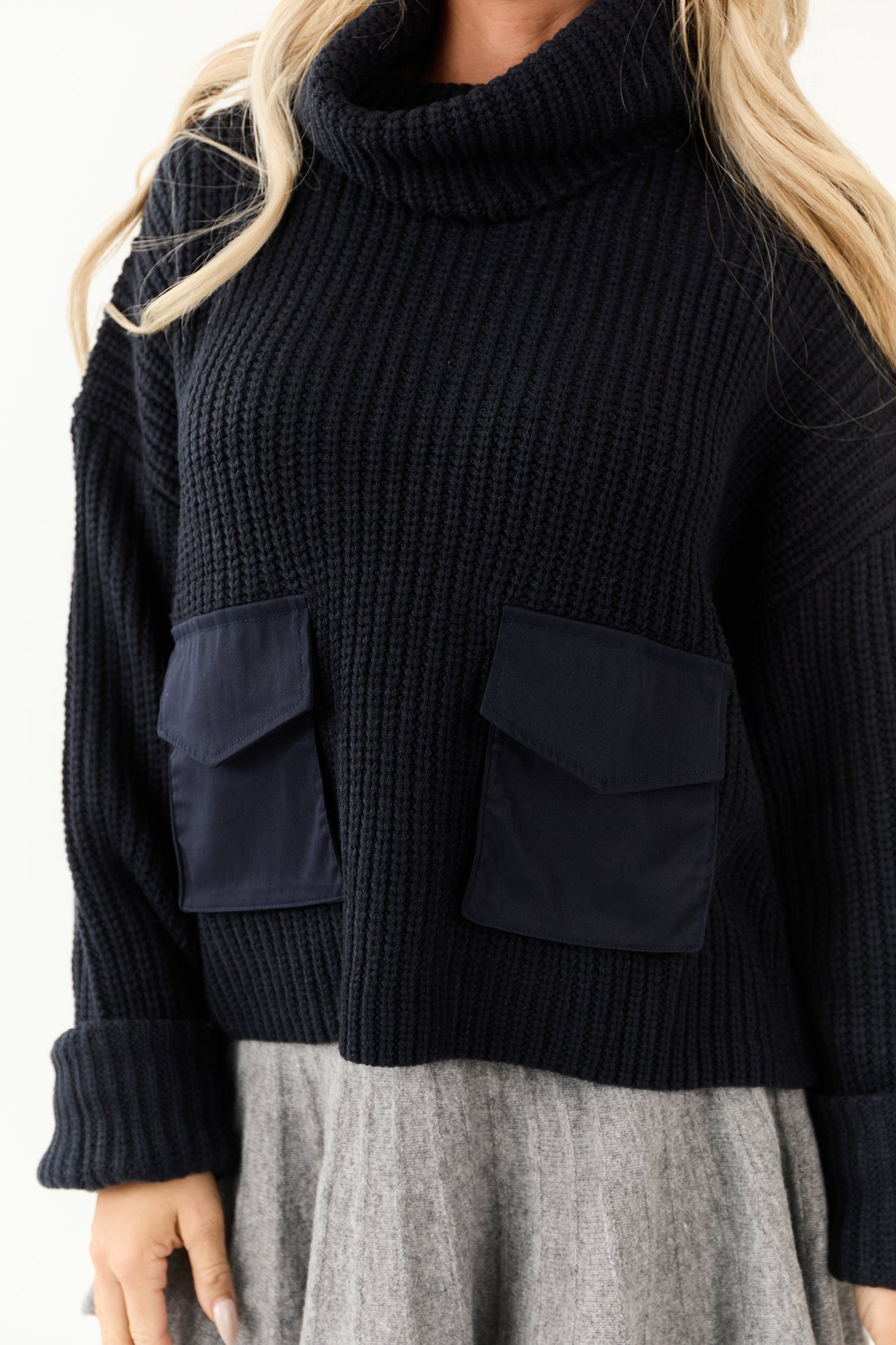 Dark Navy Cargo Pocket Cowl Neck Heavy Knit Sweater