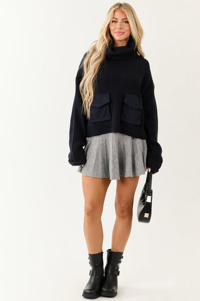 Dark Navy Cargo Pocket Cowl Neck Heavy Knit Sweater