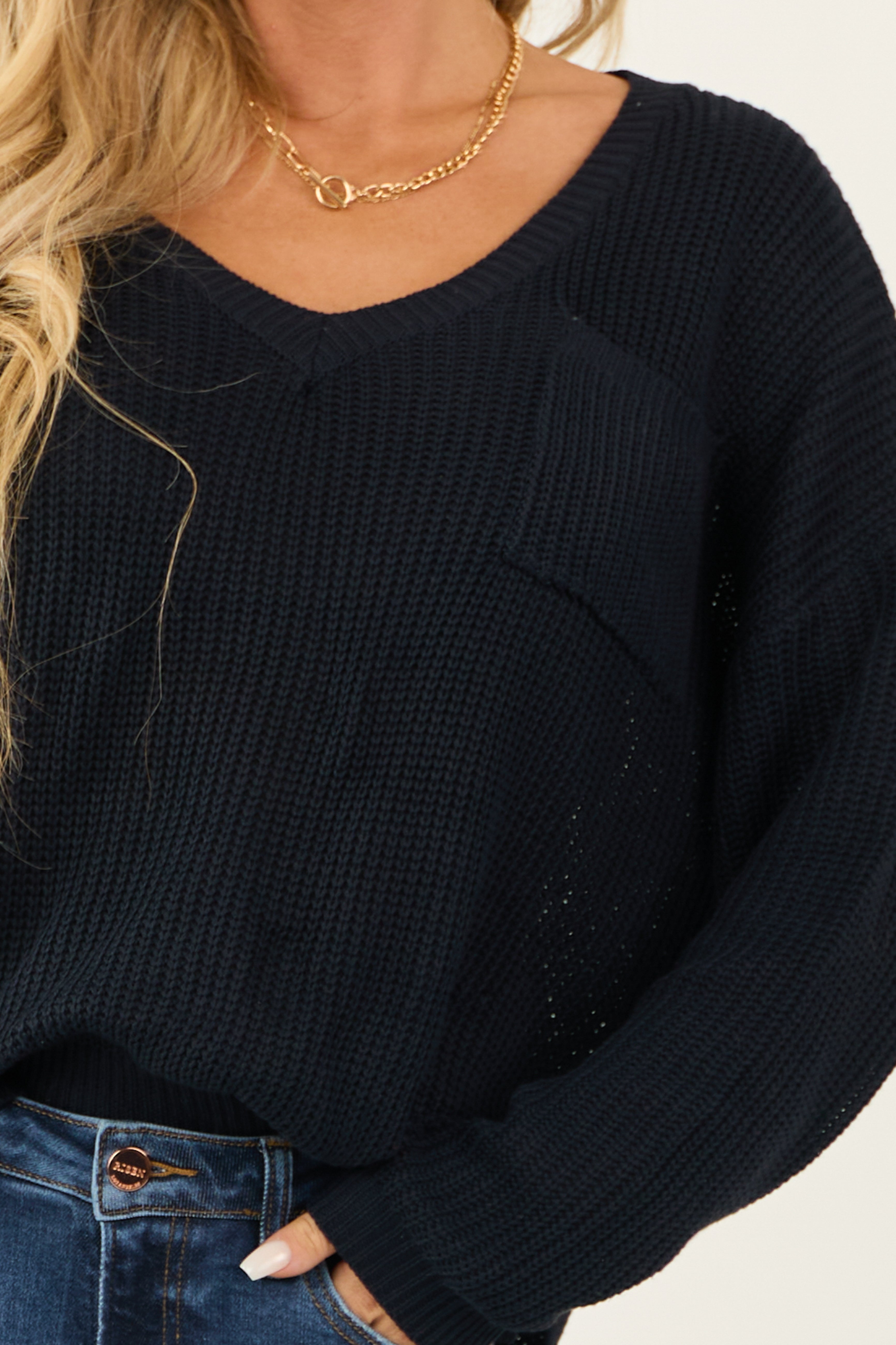 Dark Navy V Neck Chest Pocket Knit Sweater