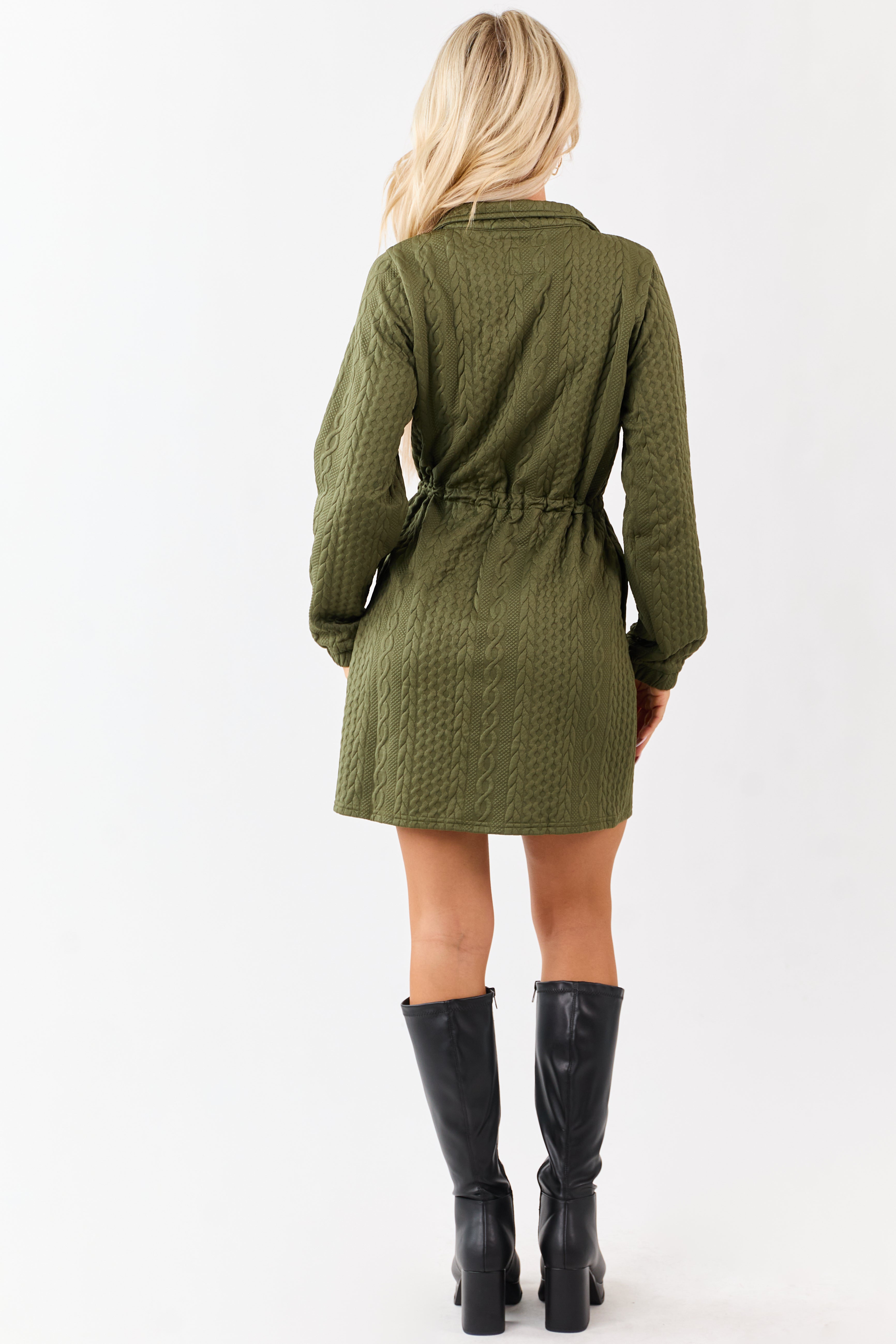 Dark Olive Cable Knit Quarter Zip Mini Dress