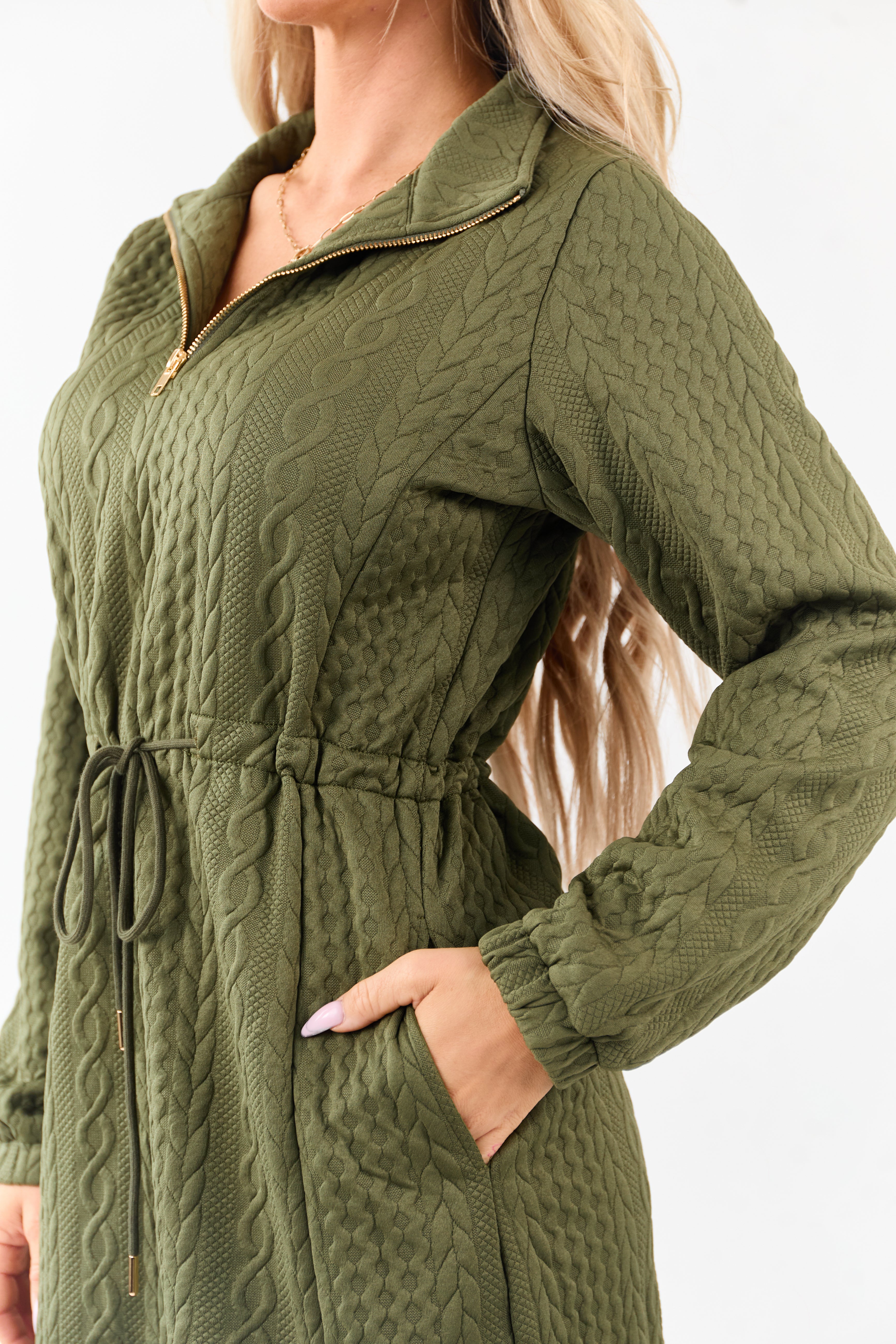 Dark Olive Cable Knit Quarter Zip Mini Dress
