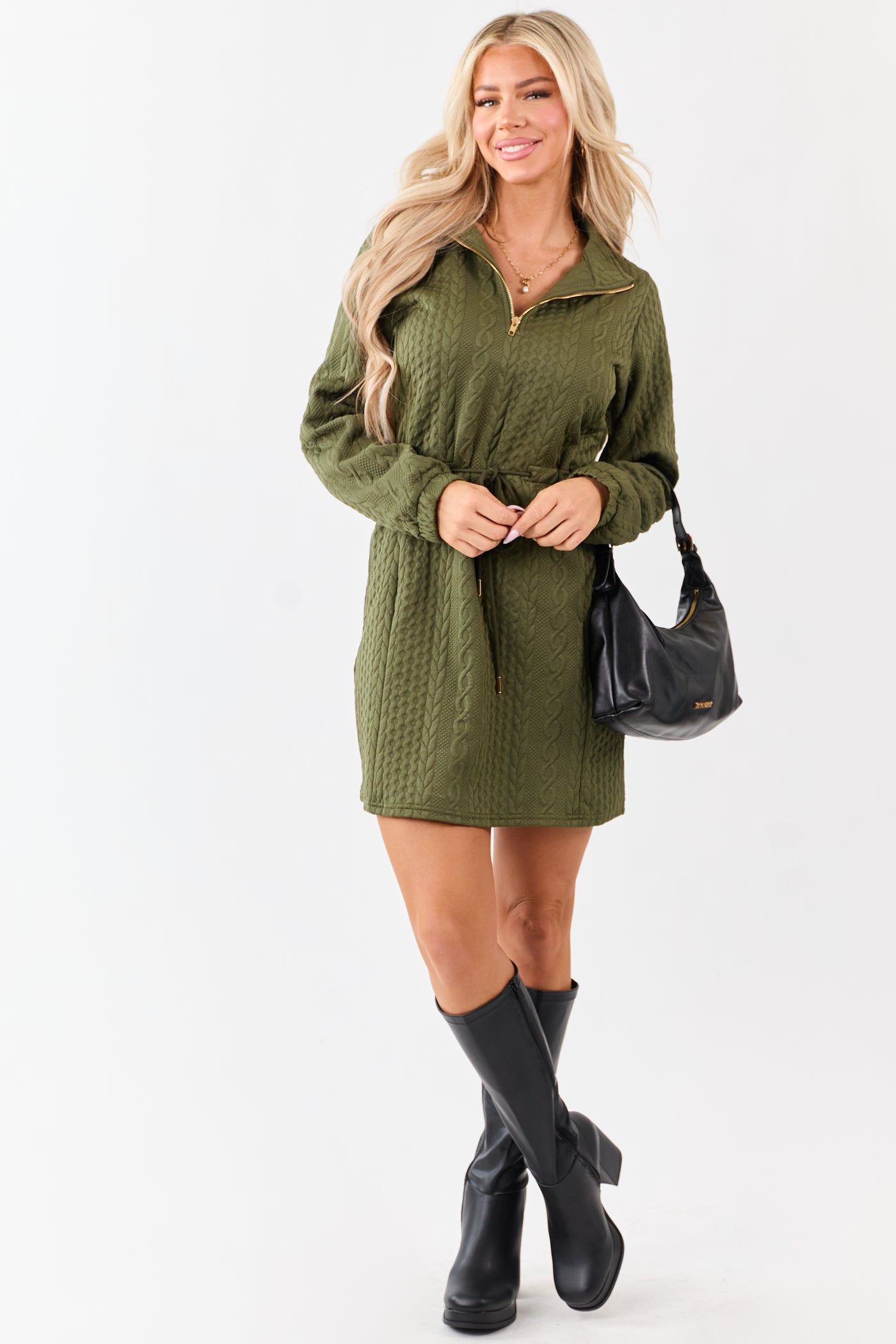 Dark Olive Cable Knit Quarter Zip Mini Dress