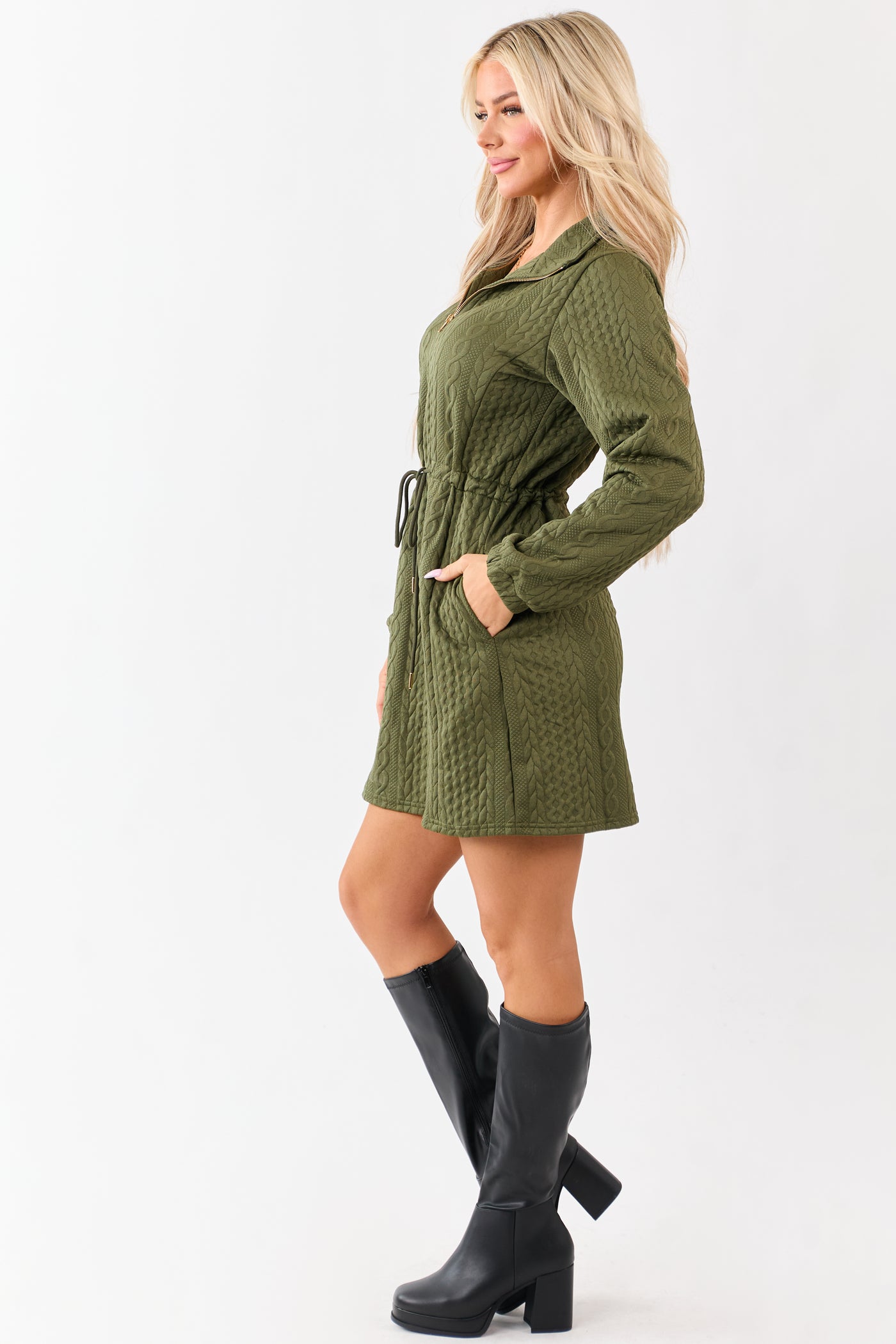 Dark Olive Cable Knit Quarter Zip Mini Dress