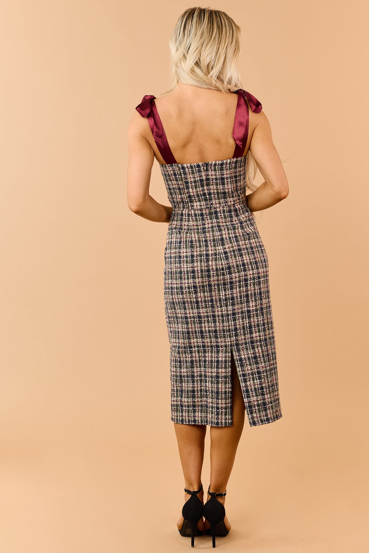 Dark Olive Plaid Tweed Satin Strap Midi Dress