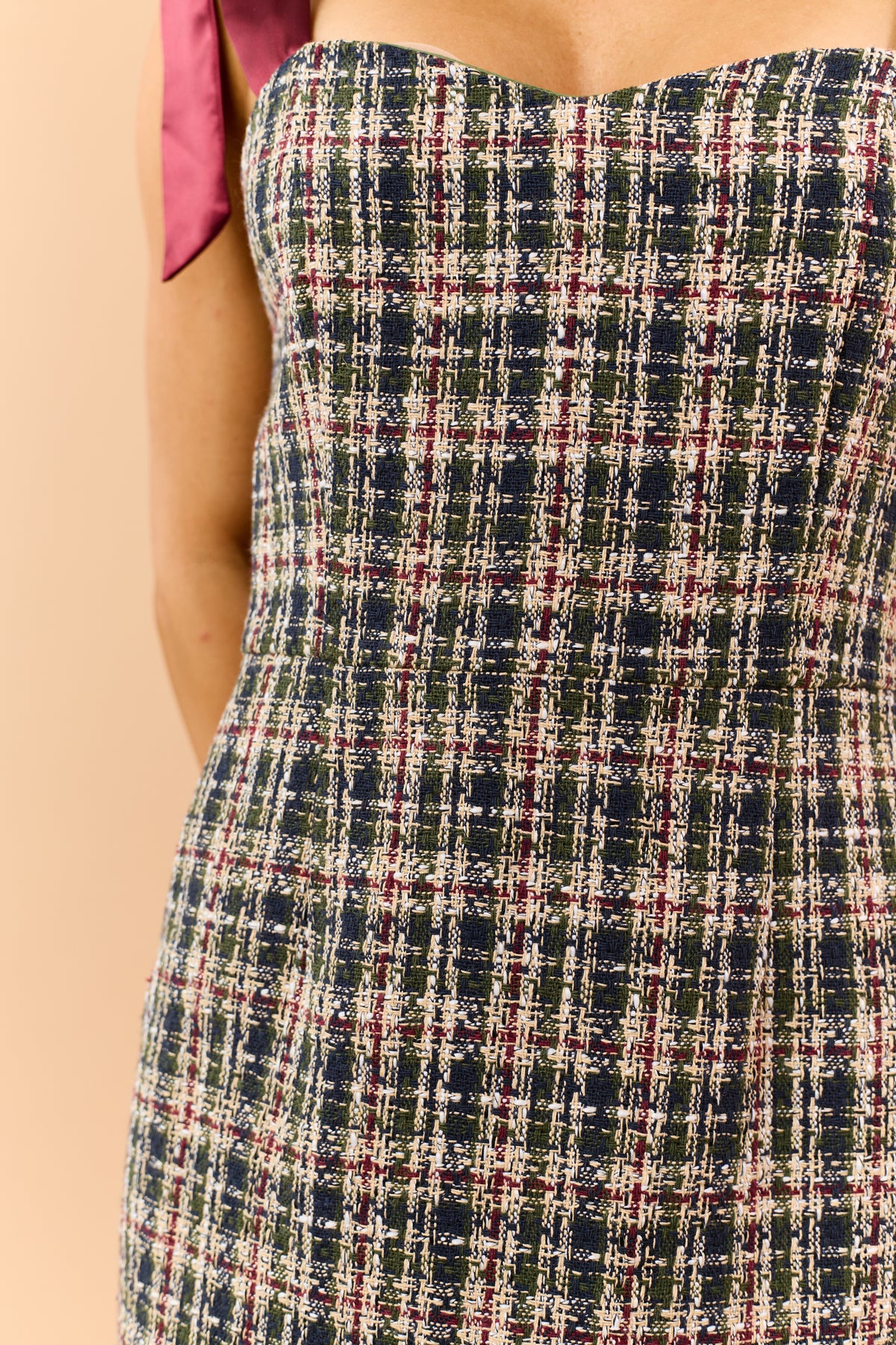 Dark Olive Plaid Tweed Satin Strap Midi Dress