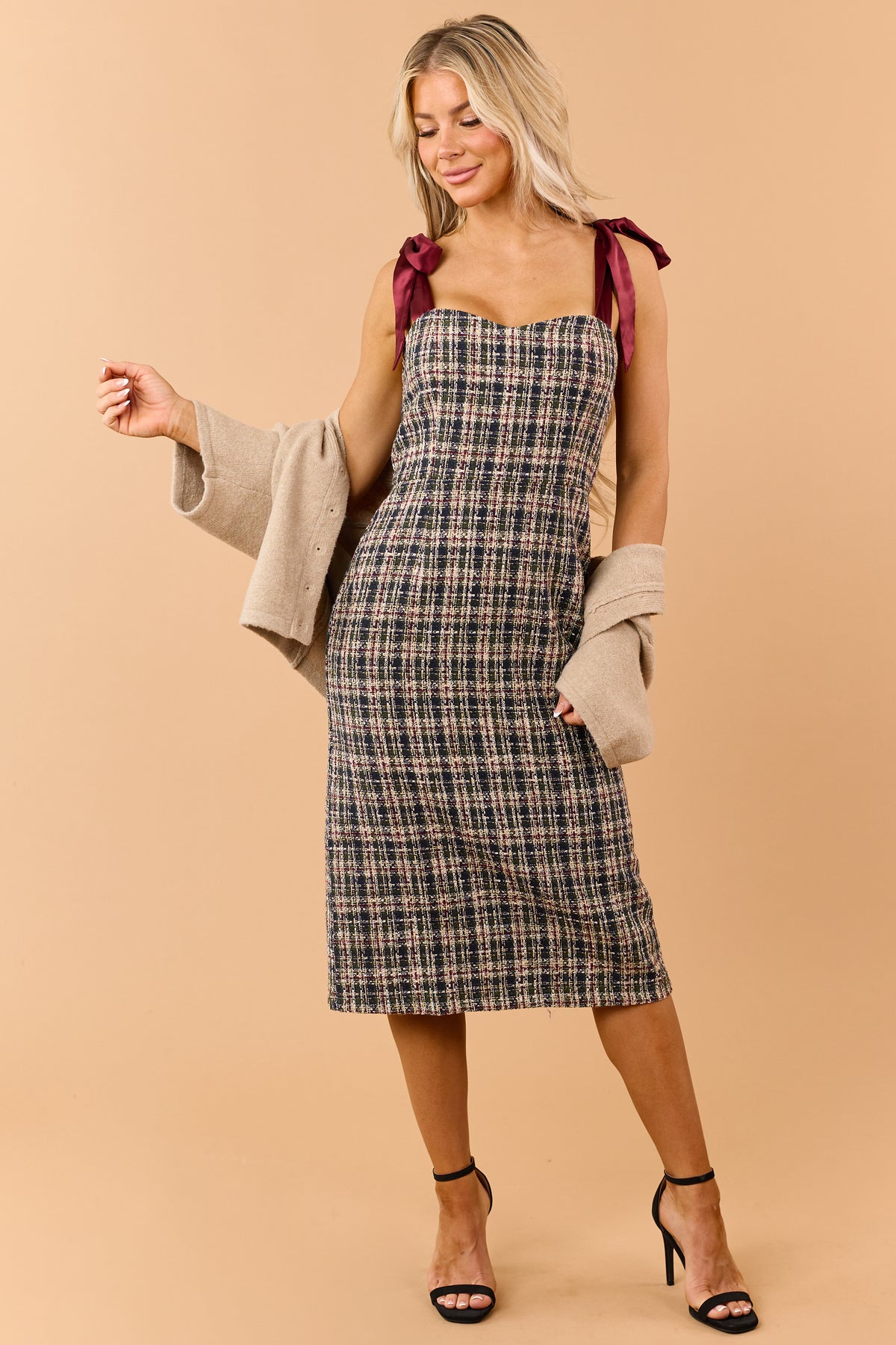 Dark Olive Plaid Tweed Satin Strap Midi Dress