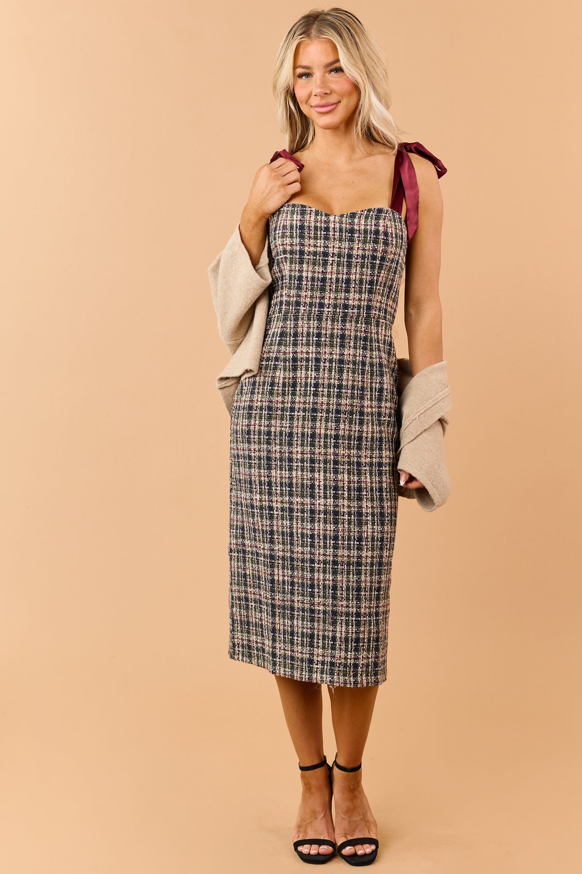 Dark Olive Plaid Tweed Satin Strap Midi Dress