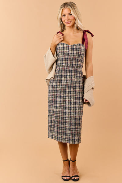 Dark Olive Plaid Tweed Satin Strap Midi Dress