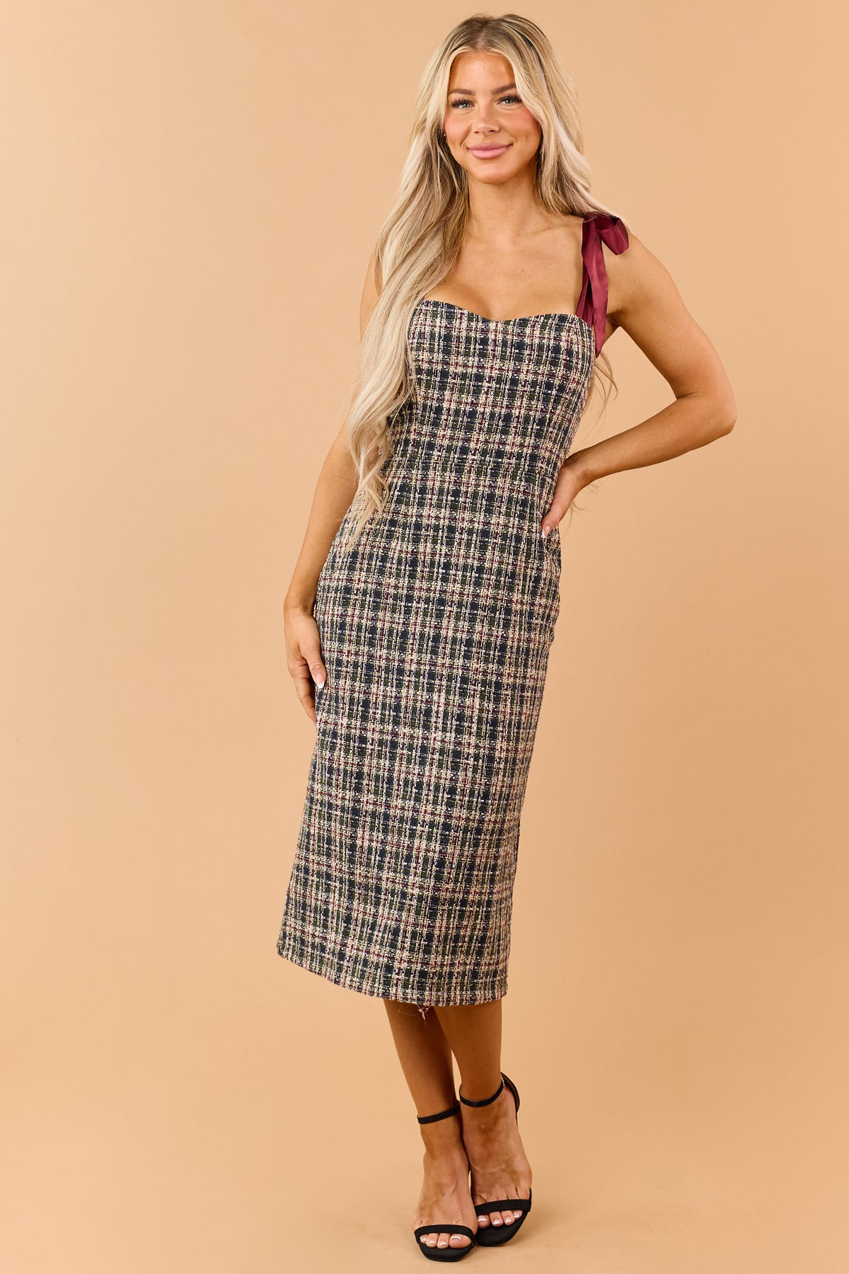 Dark Olive Plaid Tweed Satin Strap Midi Dress