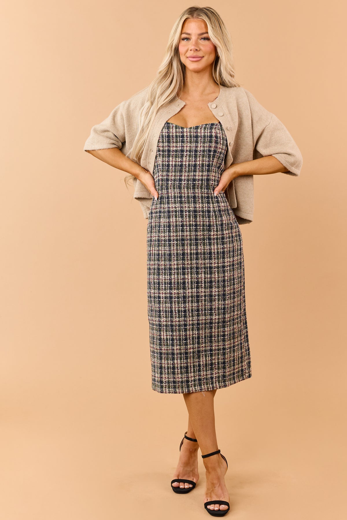 Dark Olive Plaid Tweed Satin Strap Midi Dress