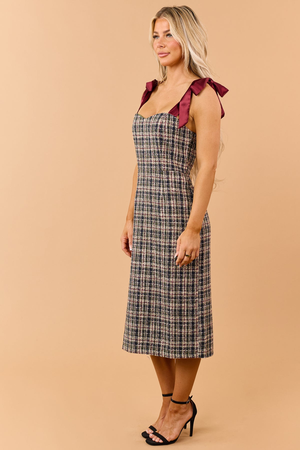 Dark Olive Plaid Tweed Satin Strap Midi Dress