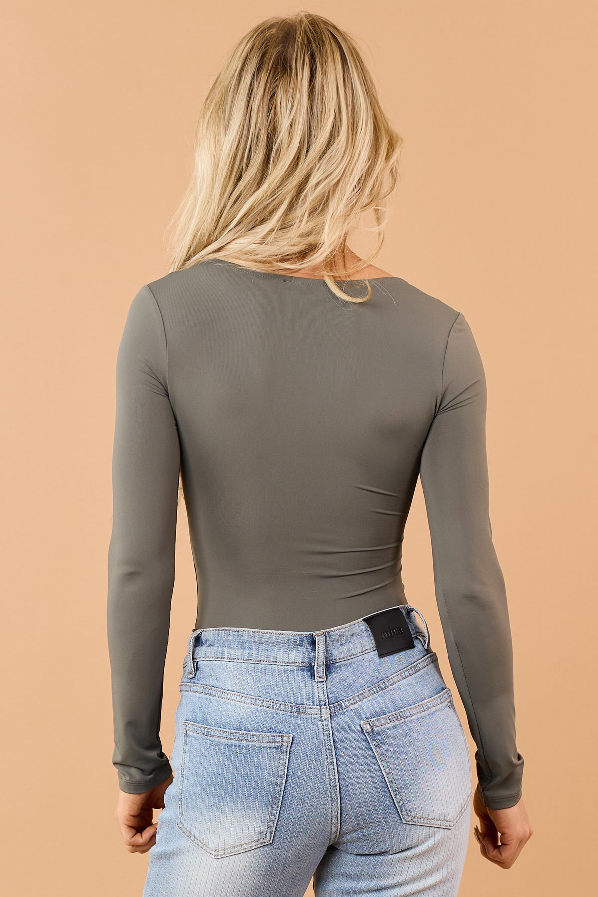 Dark Olive Scoop Neck Long Sleeve Fitted Bodysuit