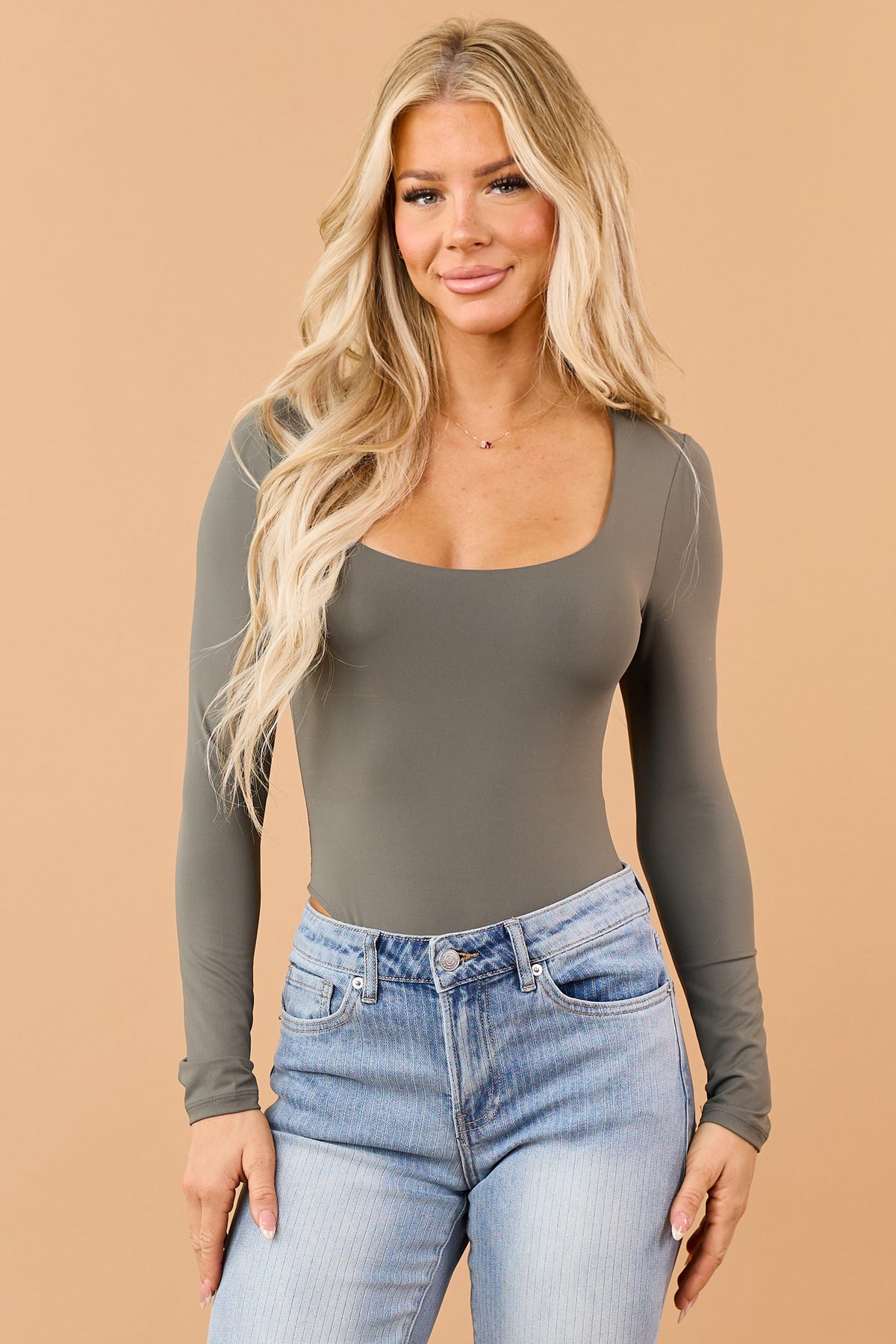 Dark Olive Scoop Neck Long Sleeve Fitted Bodysuit