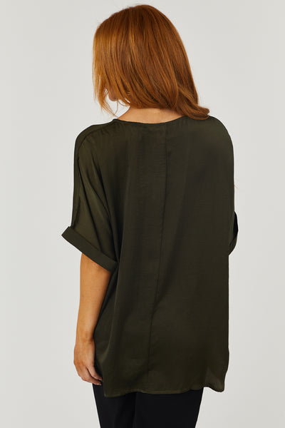 Dark Olive Short Banded Sleeves Woven Top