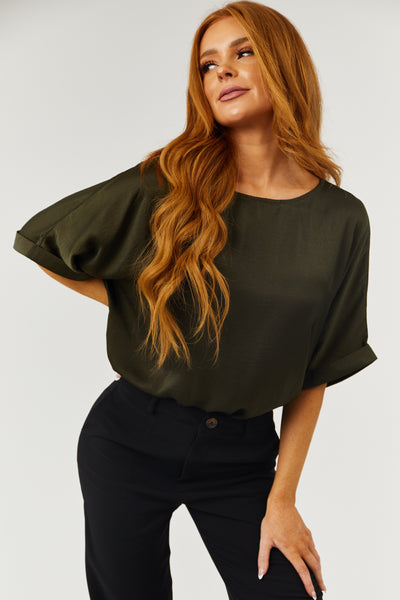 Dark Olive Short Banded Sleeves Woven Top