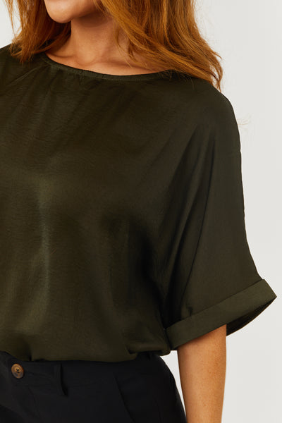Dark Olive Short Banded Sleeves Woven Top