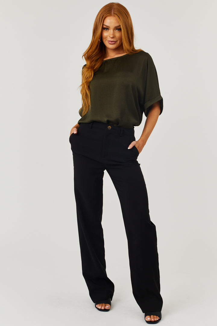 Dark Olive Short Banded Sleeves Woven Top