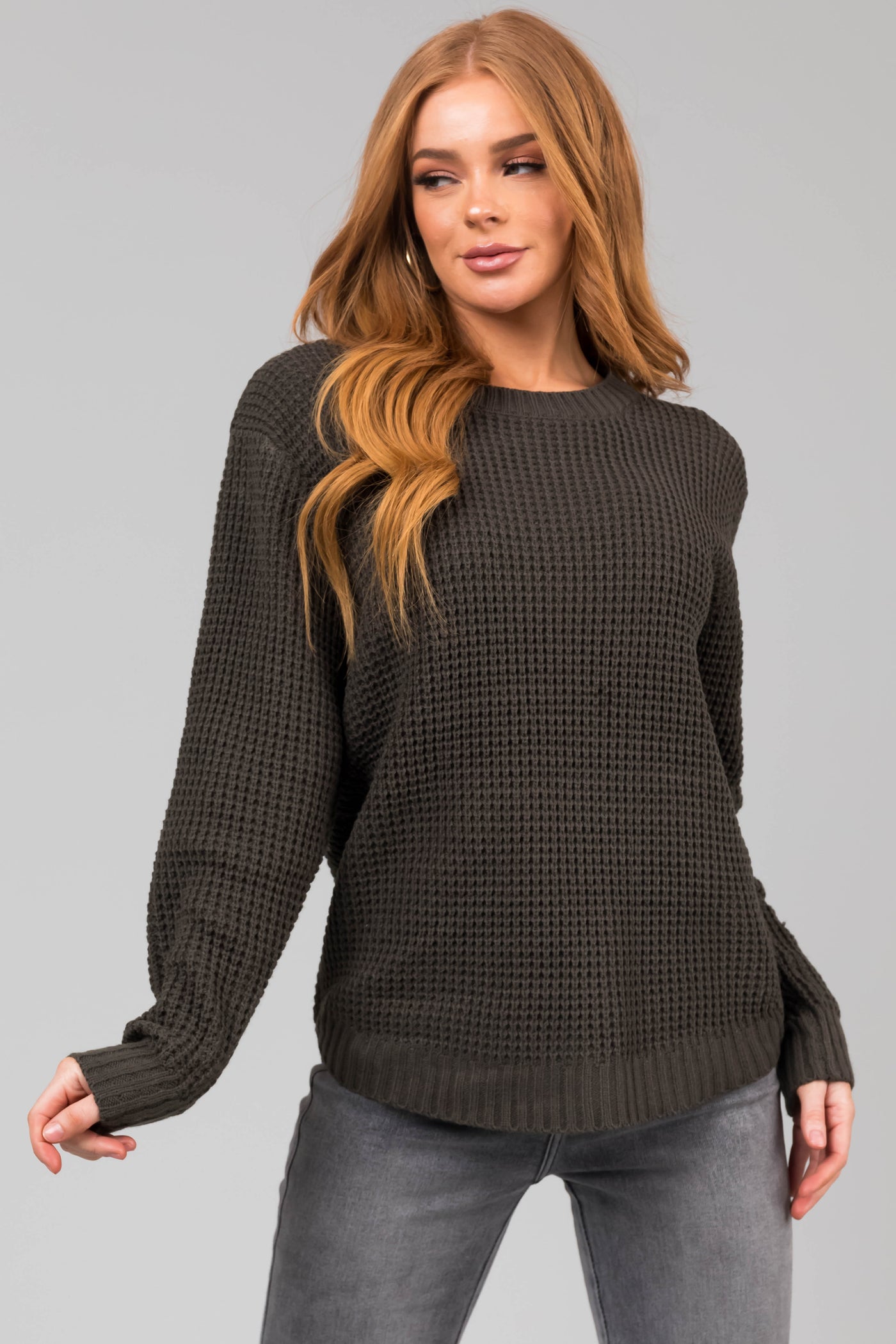 Dark Olive Thick Waffle Knit Curved Hem Sweater