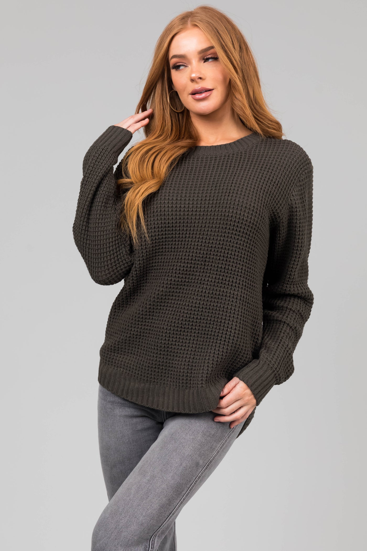 Dark Olive Thick Waffle Knit Curved Hem Sweater