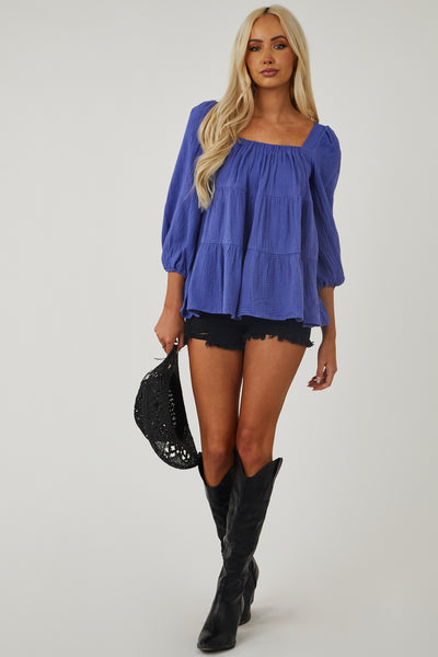 Dark Periwinkle Square Neck Tiered Gauze Blouse
