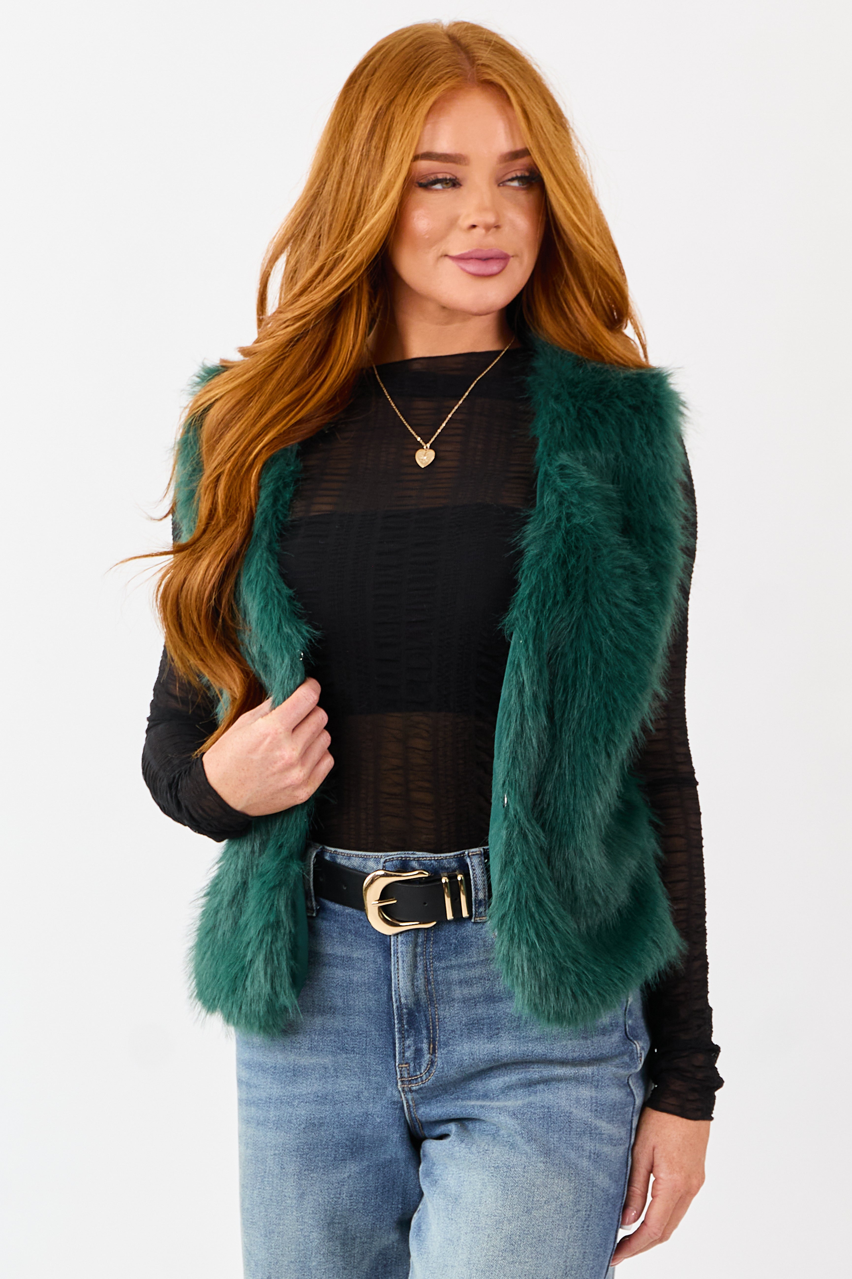 Dark Pine Faux Fur Hook and Eye Closure Vest | Lime Lush Boutique