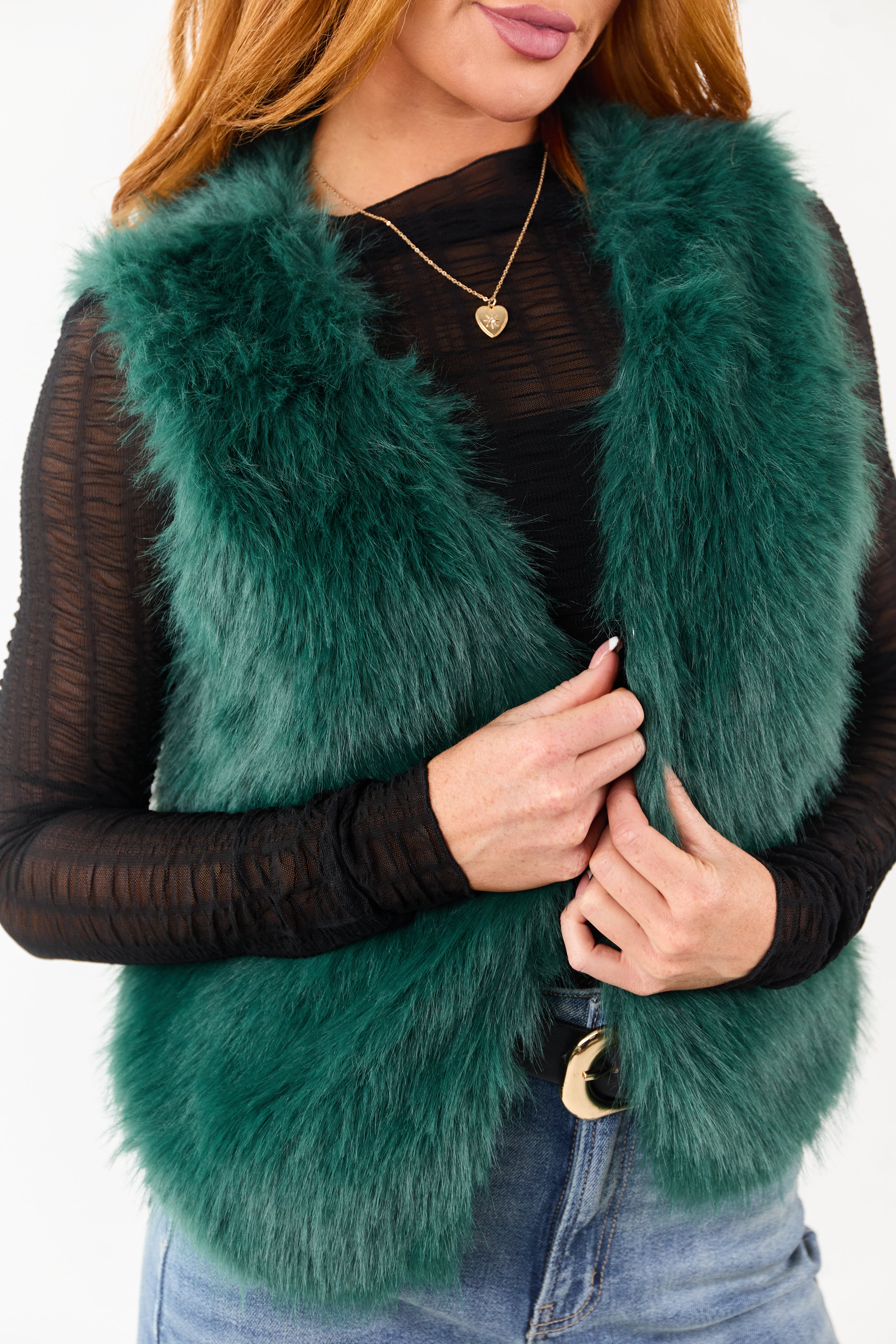 Dark Pine Faux Fur Hook and Eye Closure Vest | Lime Lush Boutique