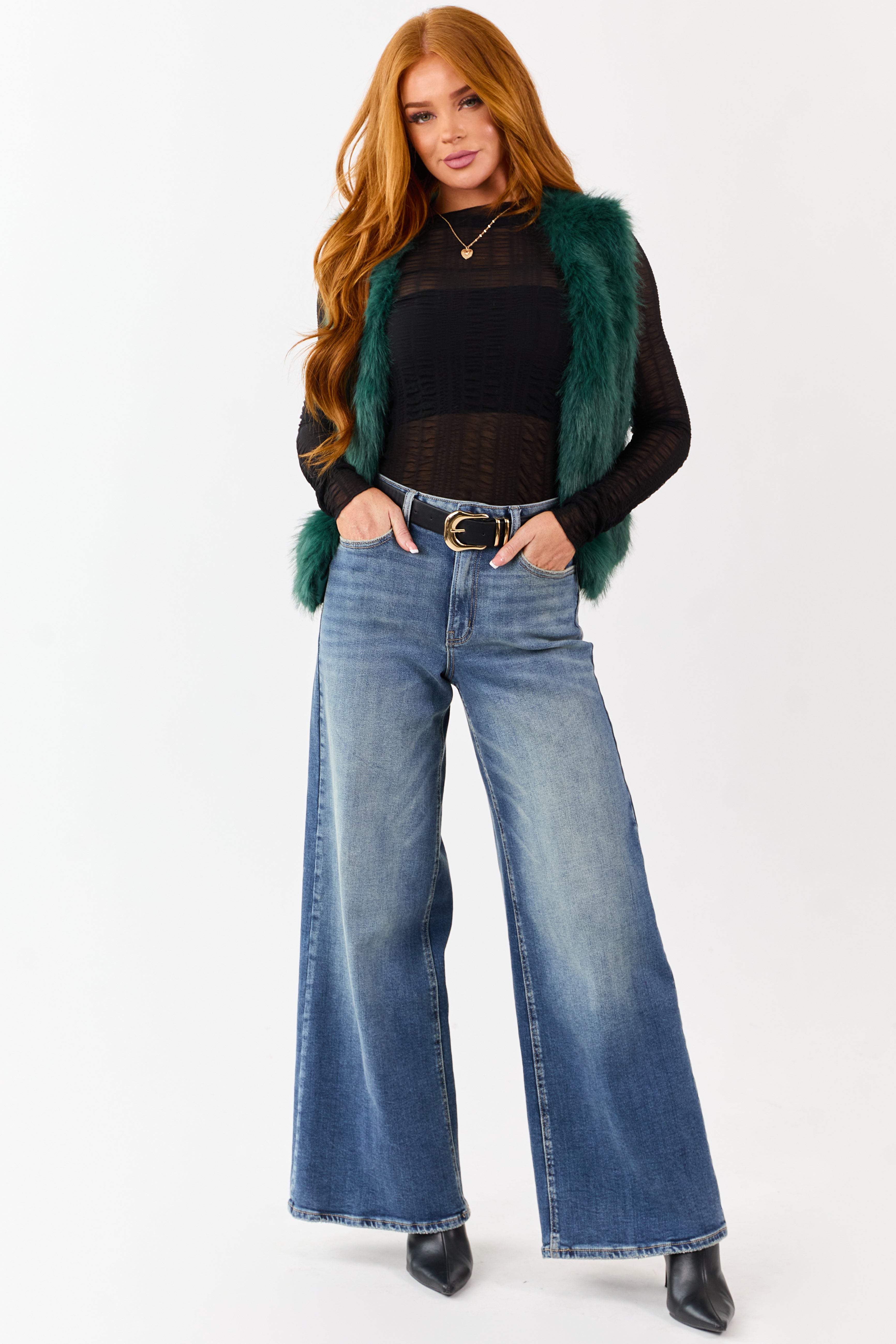 Dark Pine Faux Fur Hook and Eye Closure Vest