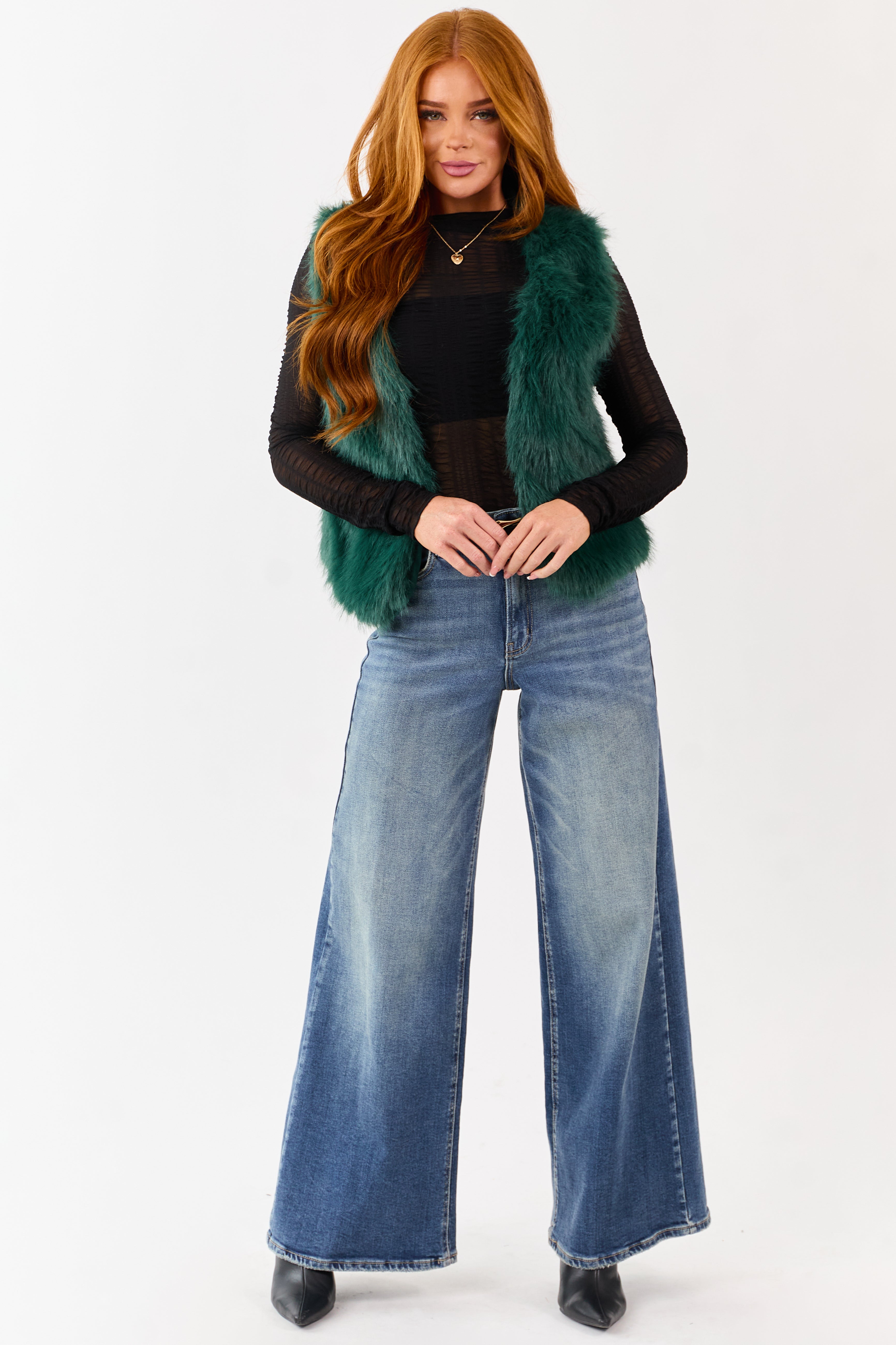 Dark Pine Faux Fur Hook and Eye Closure Vest | Lime Lush Boutique