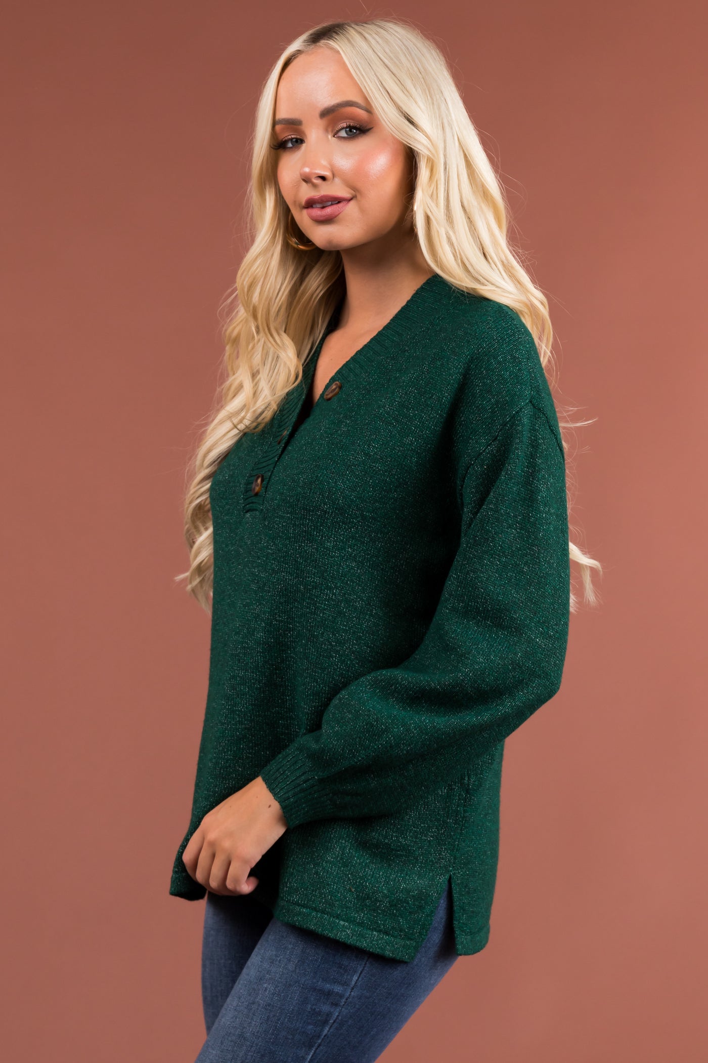 Dark Pine Half Button Down Long Sleeve Sweater