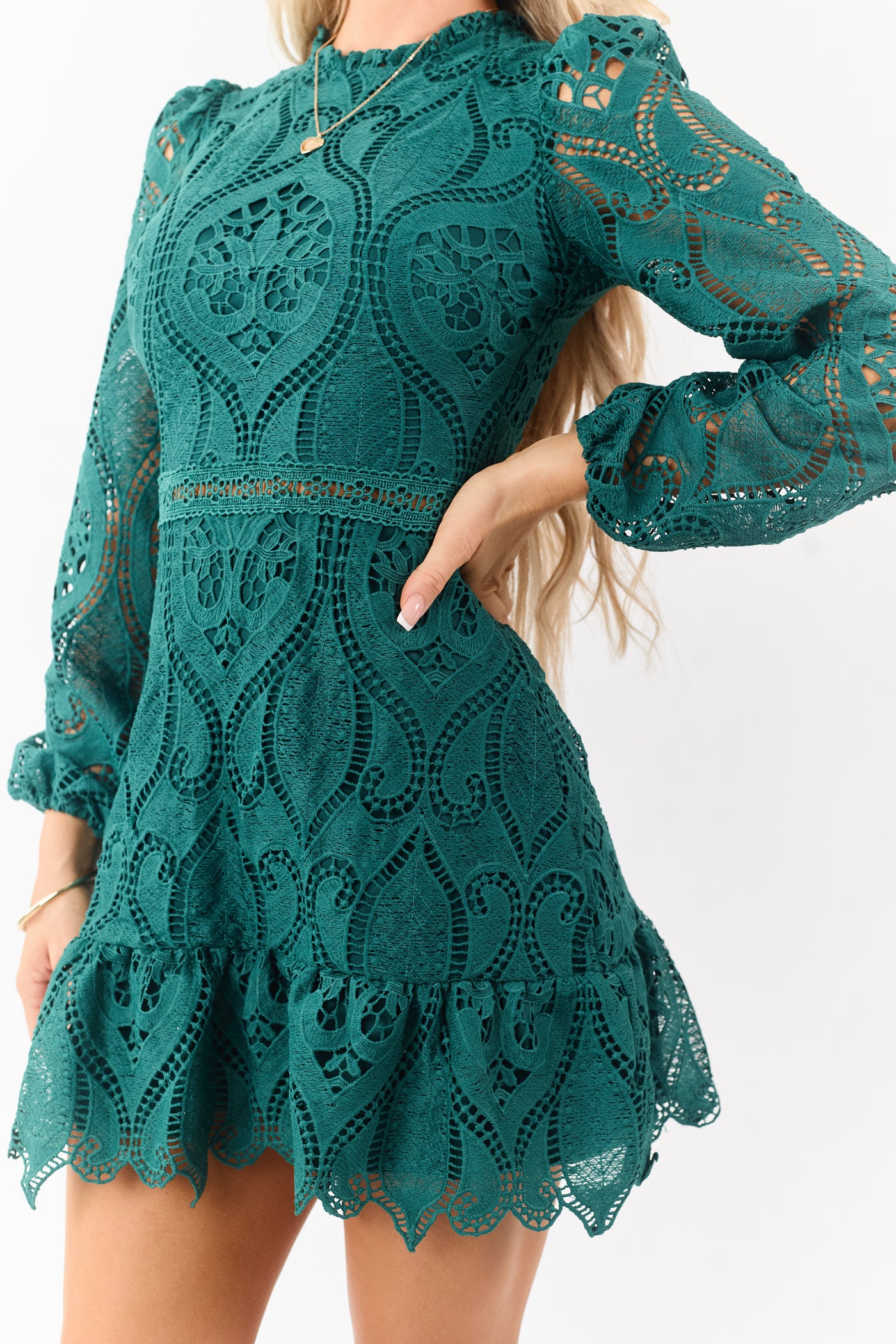 Dark Pine Long Puff Sleeve Lace Mini Dress